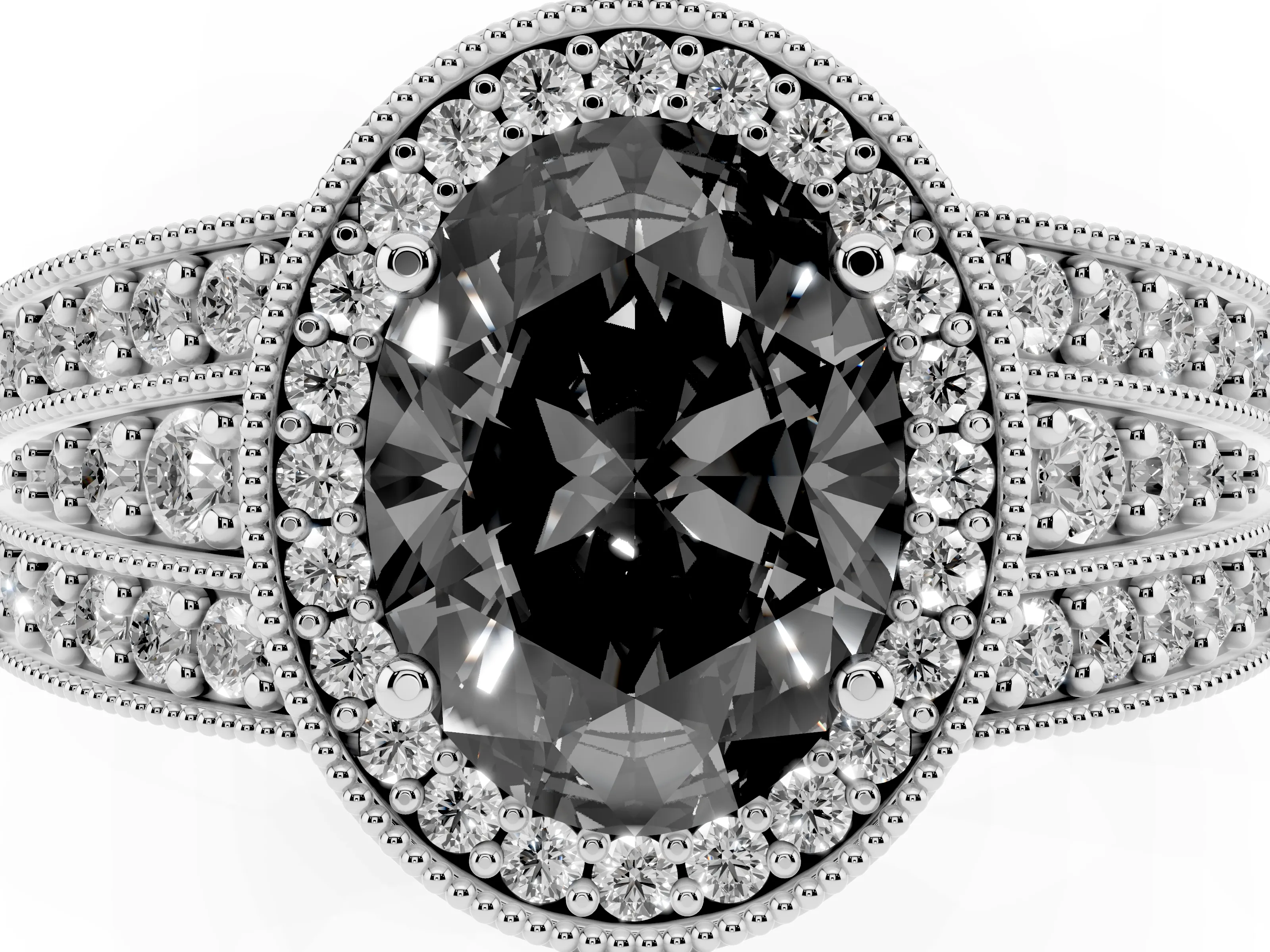 Fancy Black Oval Cut Diamond Halo Ring Set in Platinum with Accent Split Shank and Prong Setting