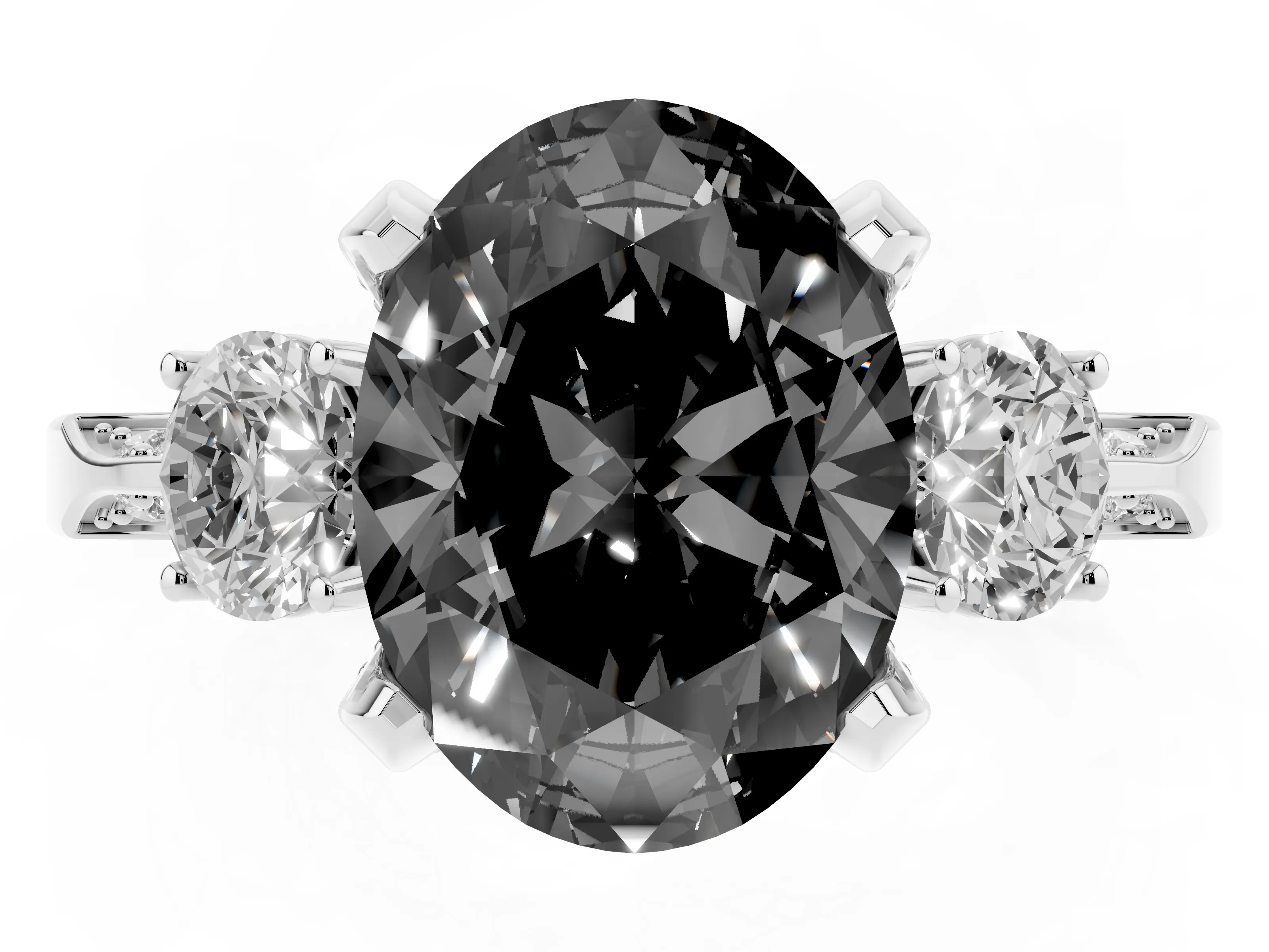 Fancy Black Oval Cut Diamond Three-Stone Ring Set in Platinum with Pavé Band and Smaller Side Stones
