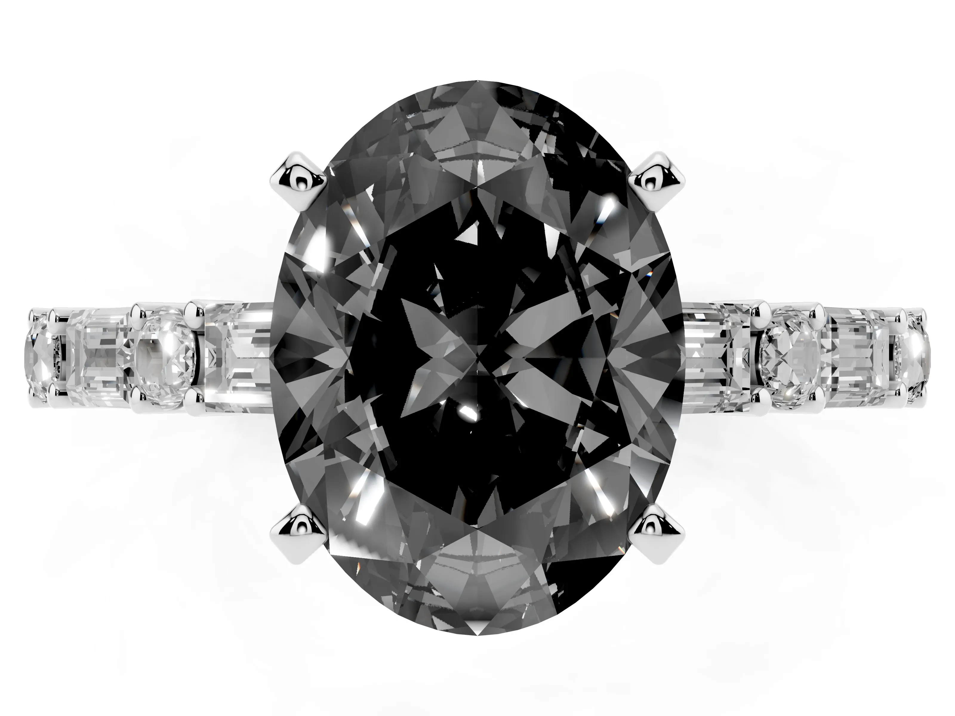 Fancy Black Oval Cut Diamond Solitaire Set in Silver with Side Baguettes and Channel Set Band