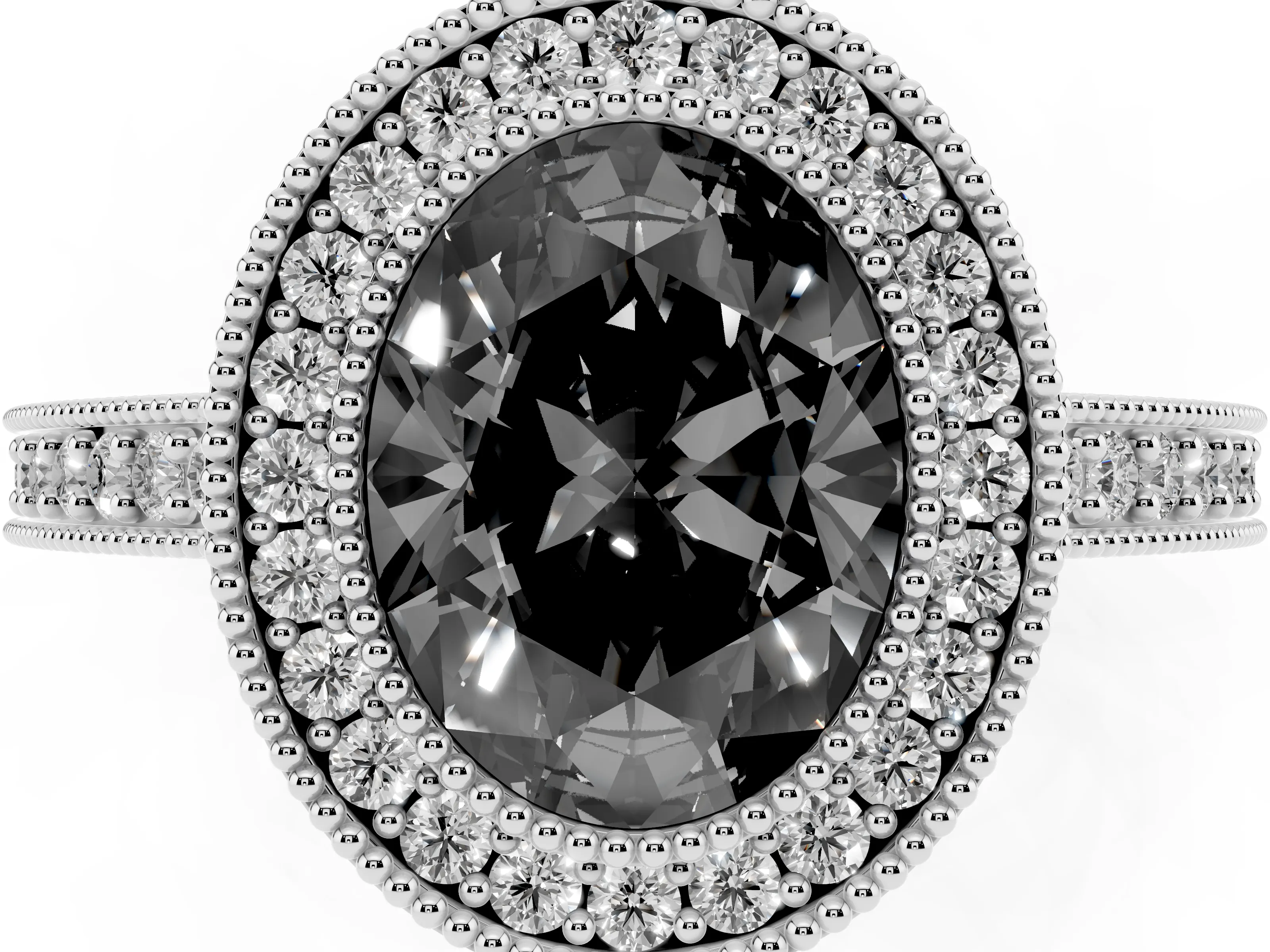 Fancy Black Oval Cut Diamond Halo Engagement Ring Set in Platinum with Pavé Band and Round Halo Stones