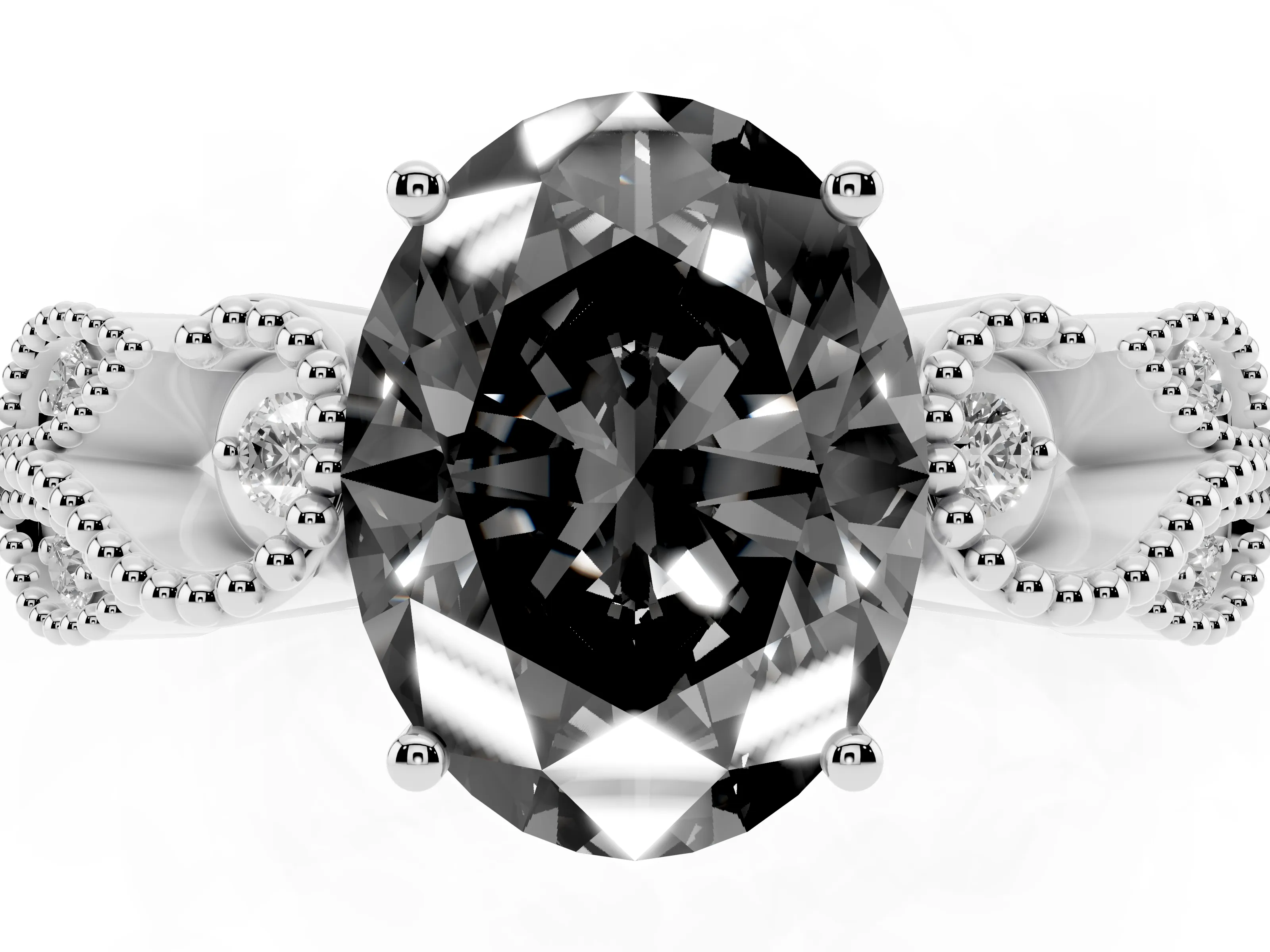 Fancy Black Oval Cut Diamond Milgrain Leaf Band Solitaire Ring Set in White gold with Accent Stones and Prong Setting