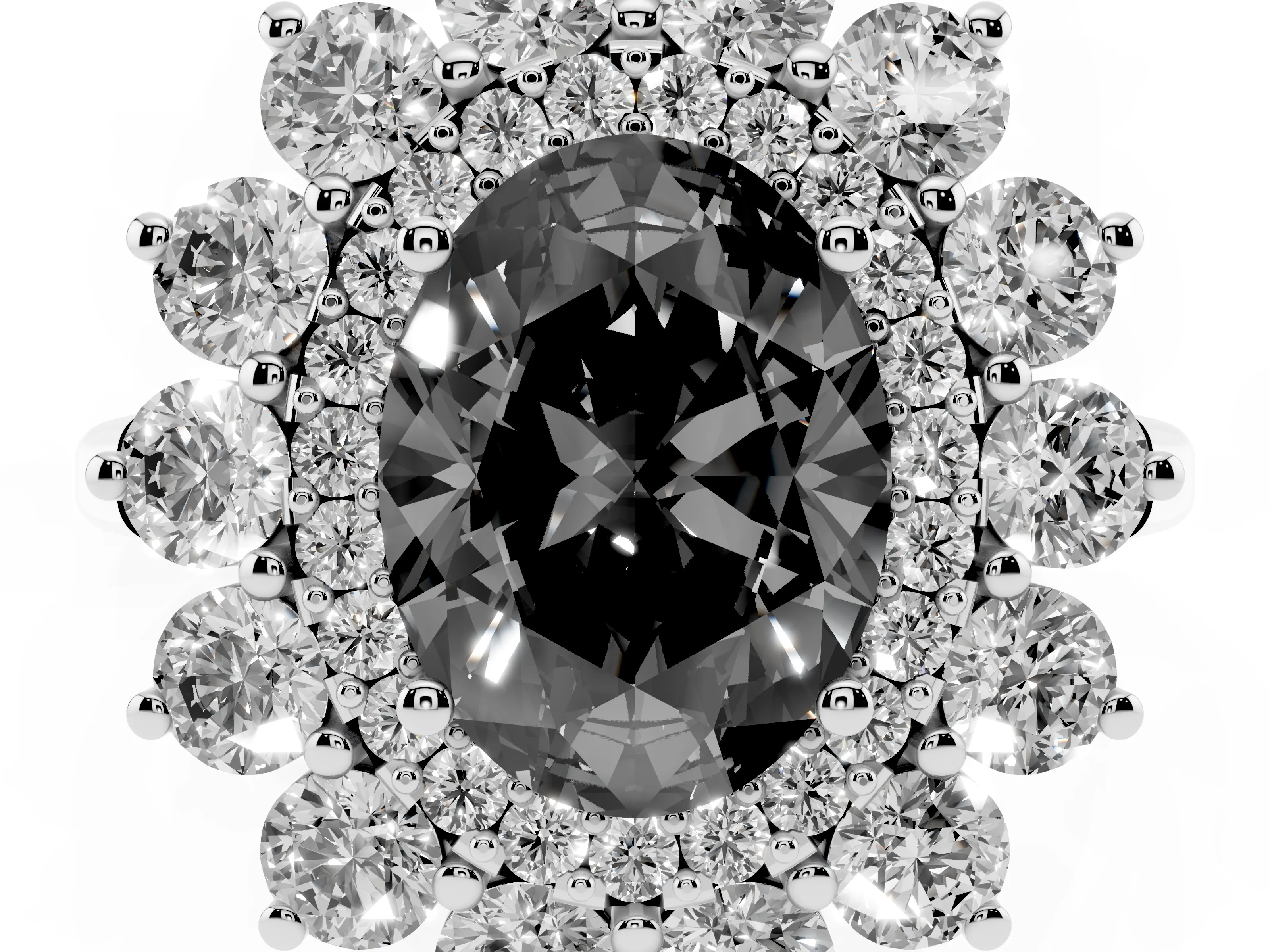 Fancy Black Oval Cut Diamond Floral Double Halo Ring Set in White gold with Round Petals