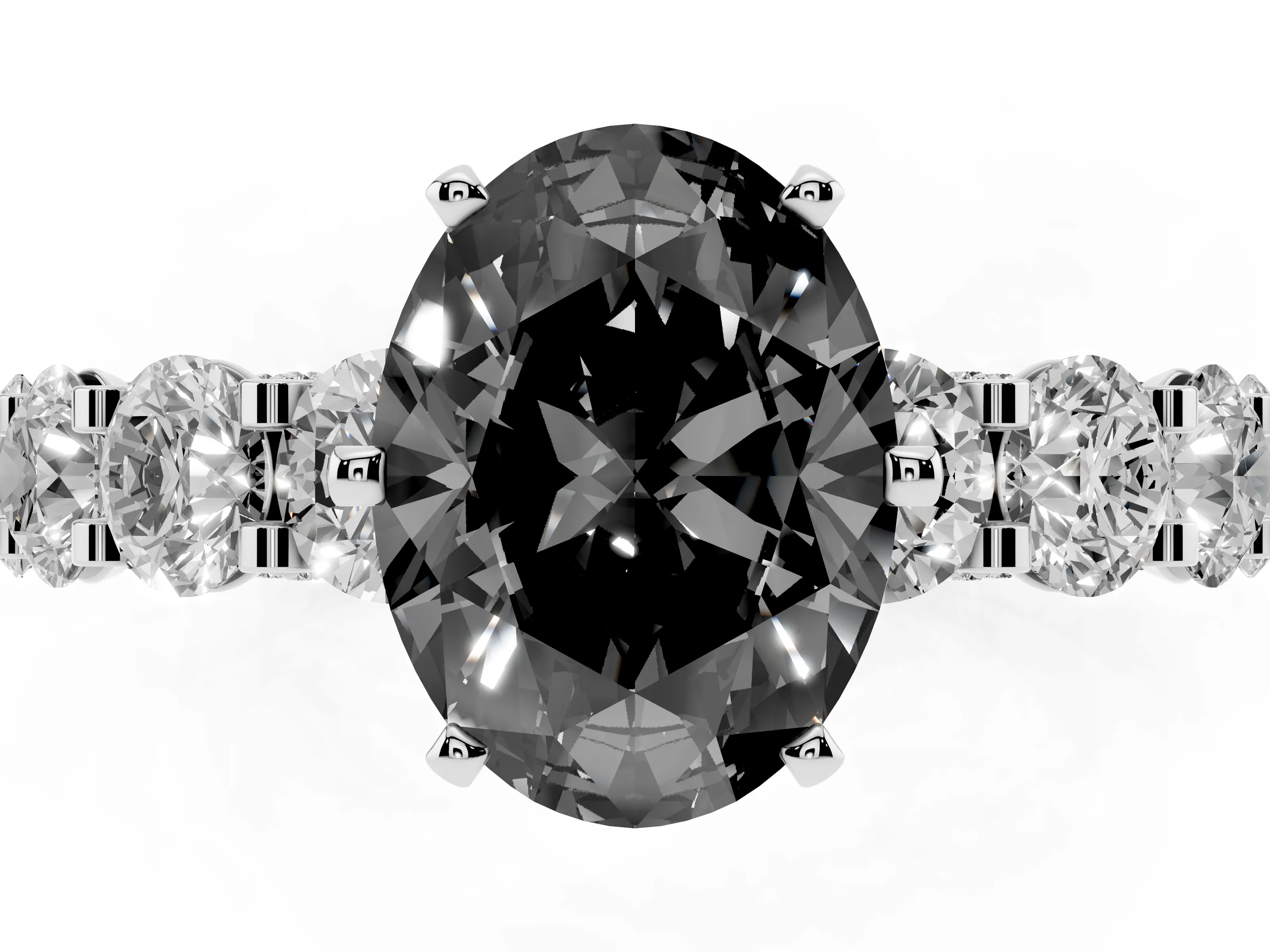 Fancy Black Oval Cut Diamond Side Stone Ring Set in White gold with Alternating Round and Oval Side Stones