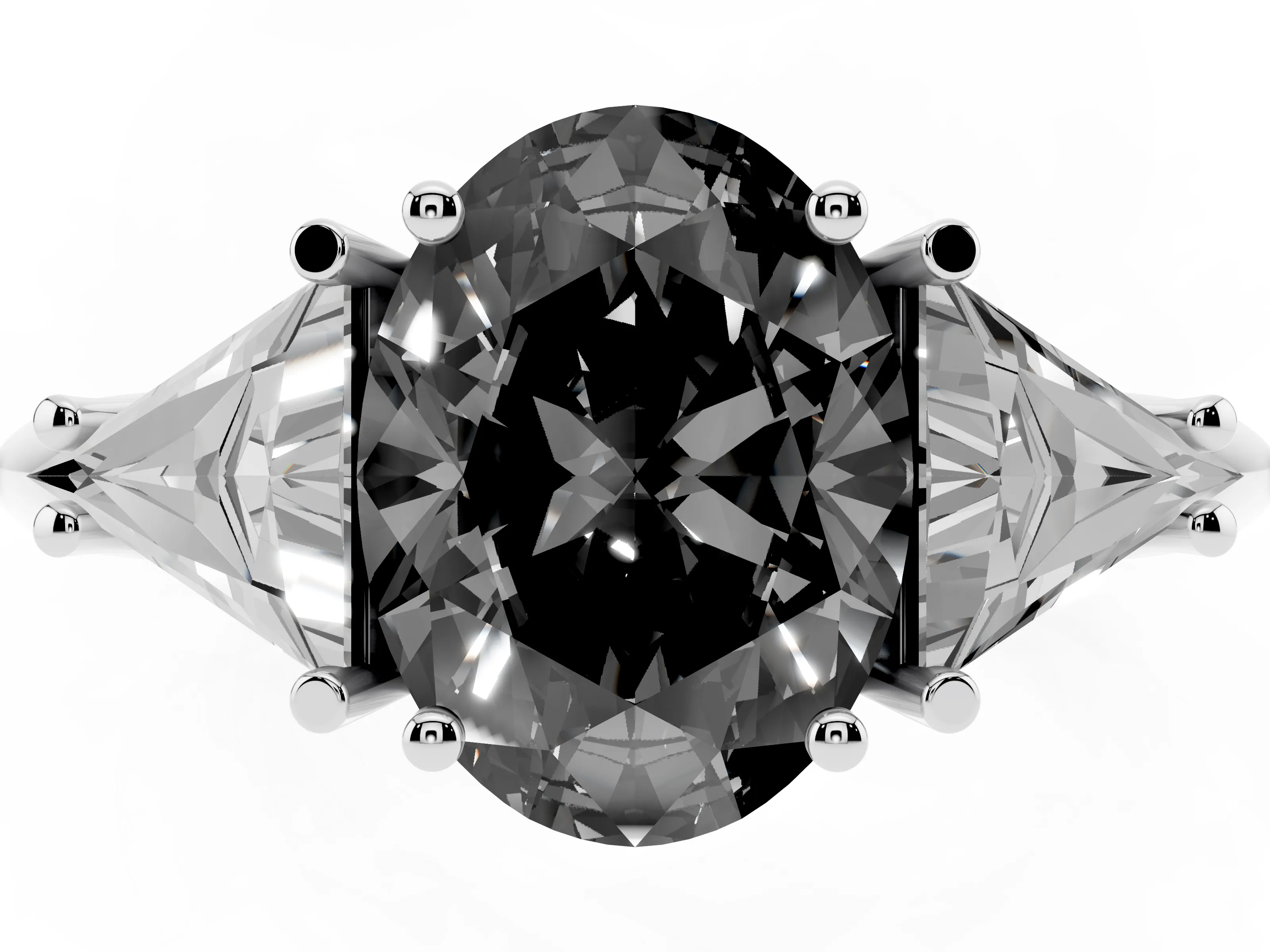 Fancy Black Oval Cut Diamond Three-Stone Engagement Ring Set in Platinum with Trillion Side Stones
