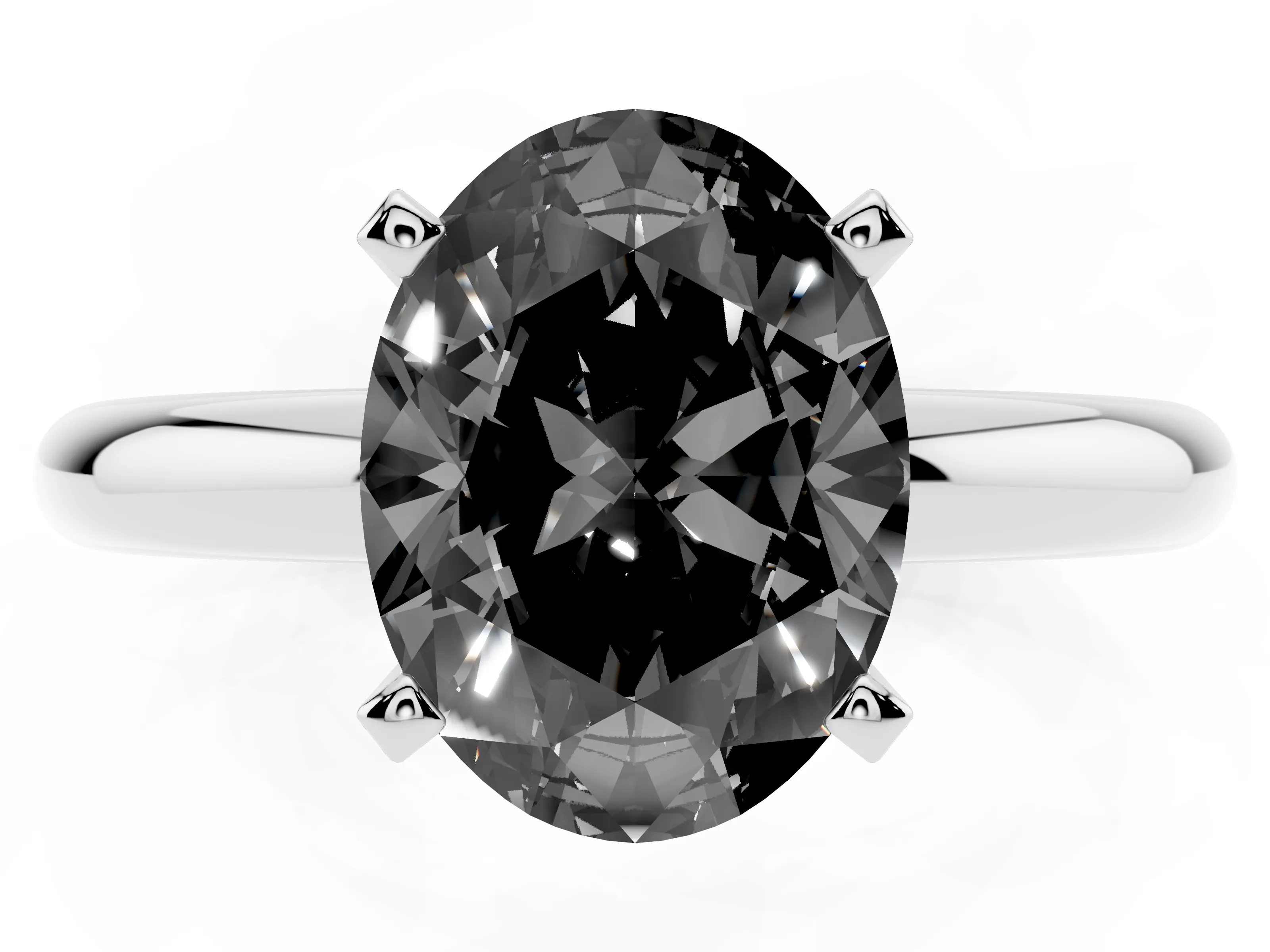 Fancy Black Oval Cut Diamond Solitaire Engagement Ring Set in White gold with Round Band and Prong Setting