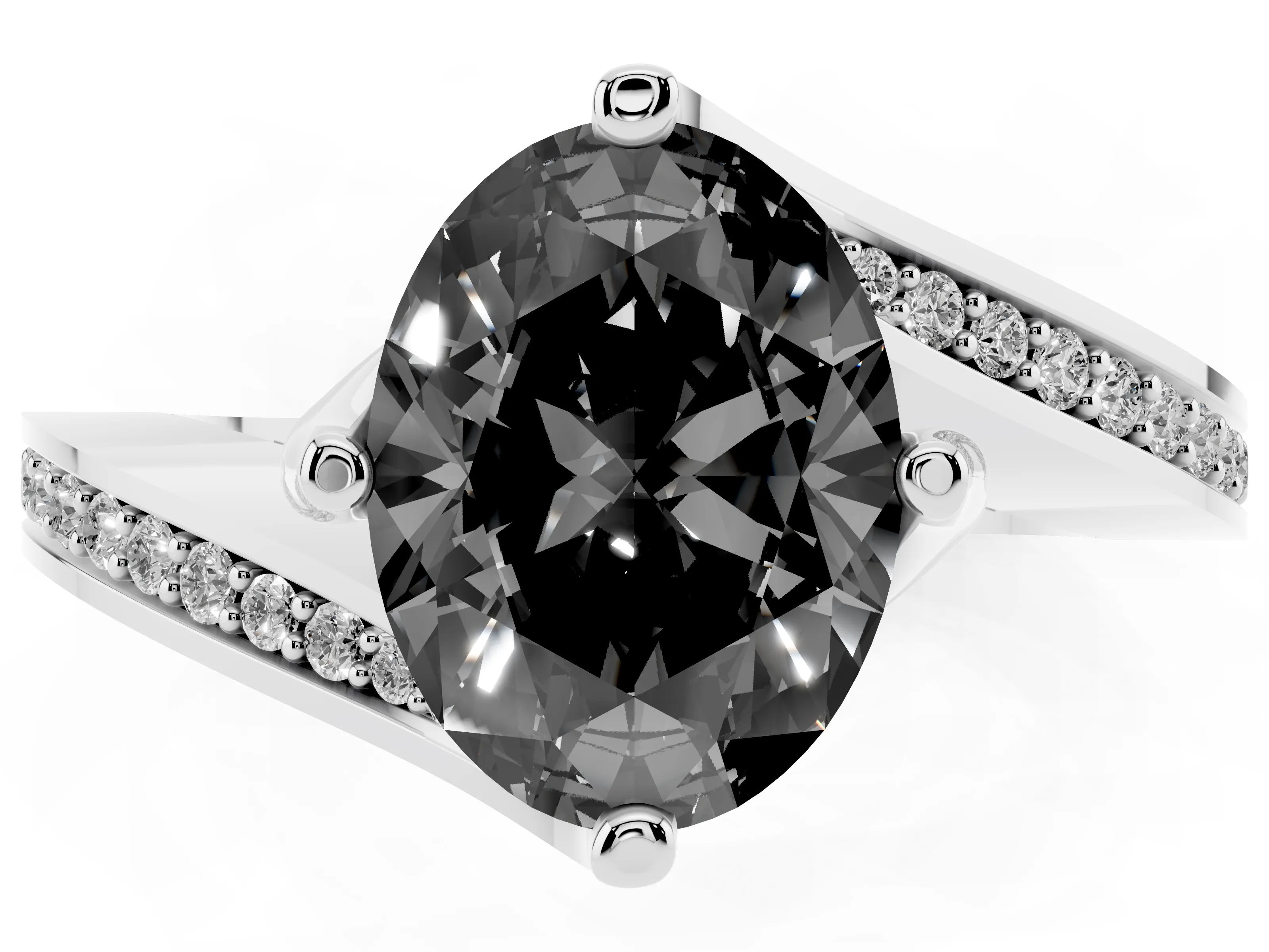 Fancy Black Oval Cut Diamond Solitaire Ring Set in White gold with Intertwined Pavé Twist Band