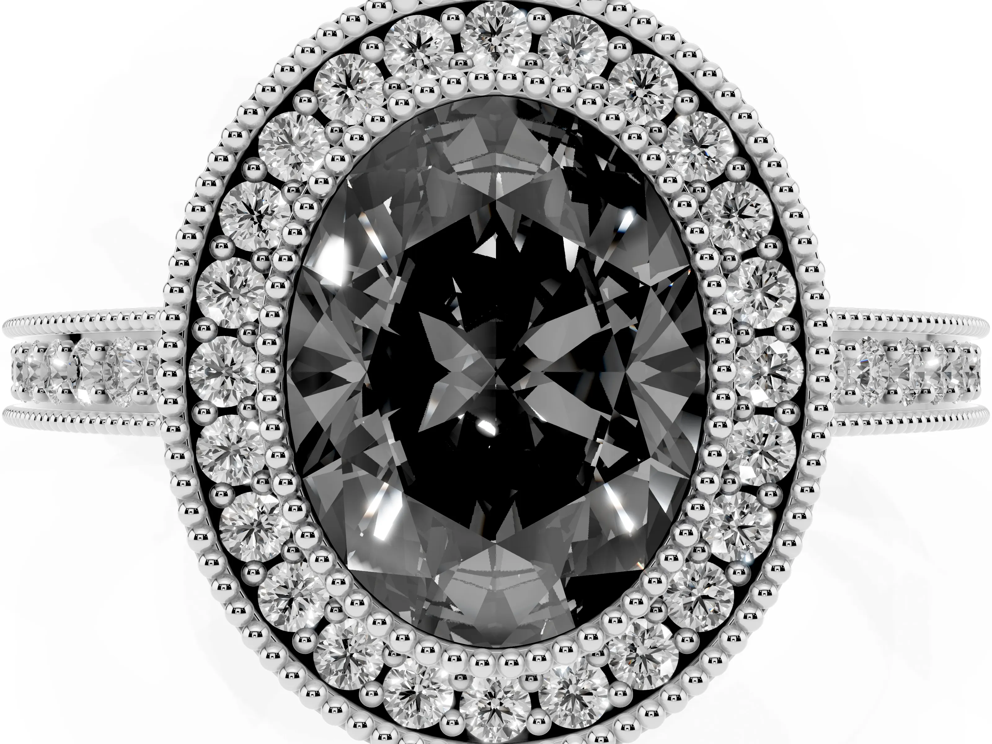 Fancy Black Oval Cut Diamond Round Halo Ring Set in White gold with Pavé Band