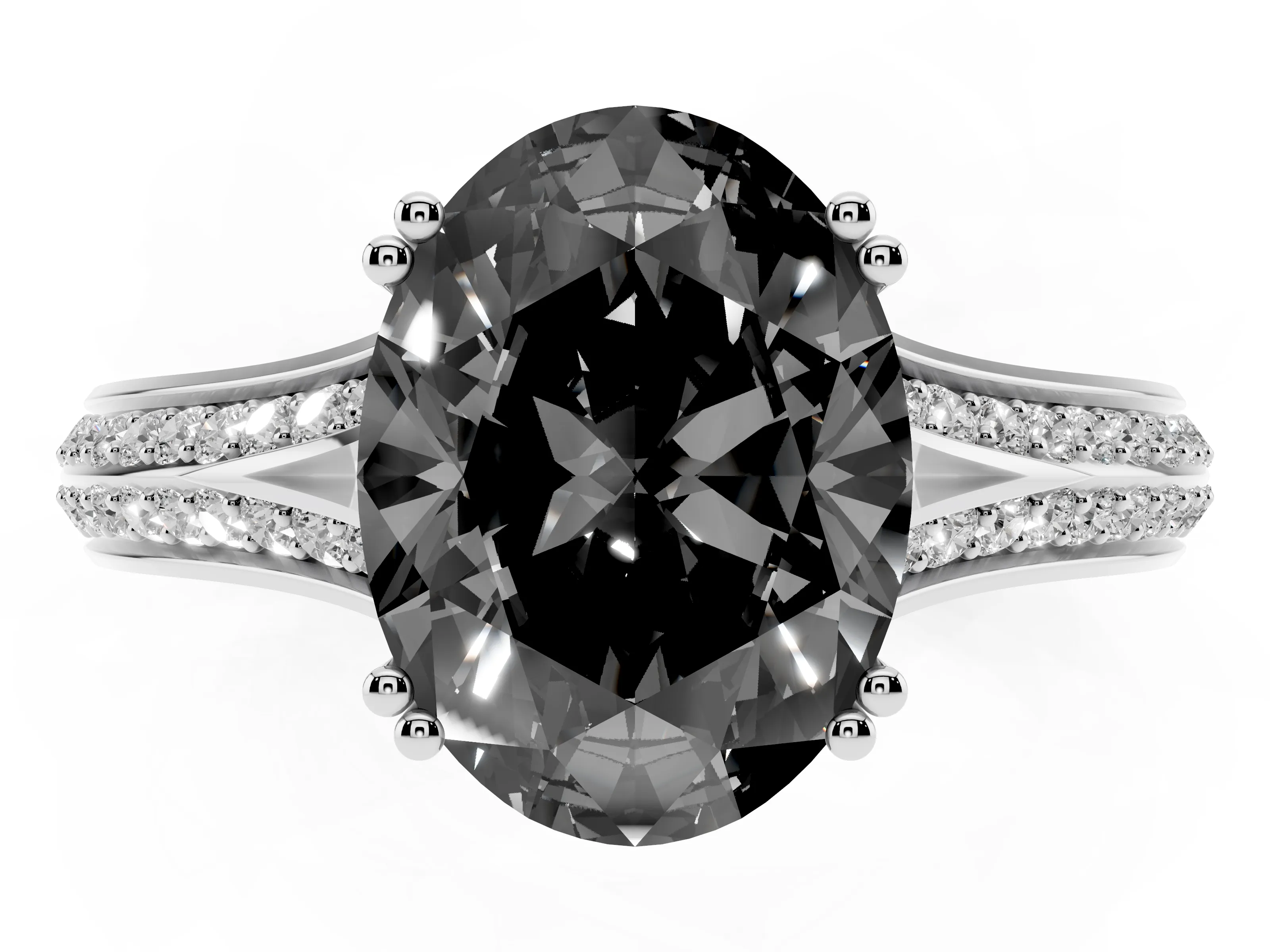 Fancy Black Oval Cut Diamond Split Shank Pavé Engagement Ring Set in Platinum with Prong-Set Center Stone