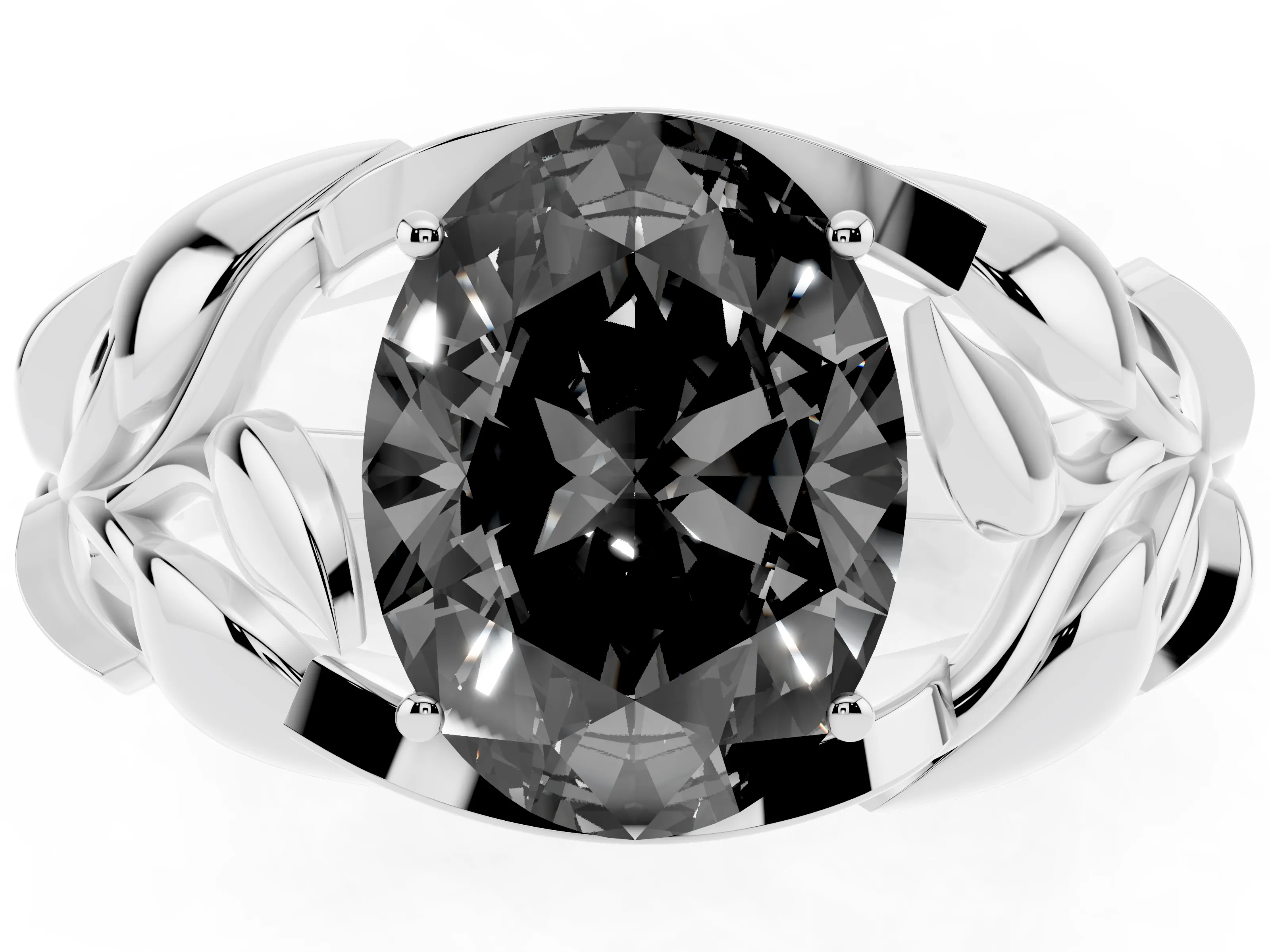 Fancy Black Oval Cut Diamond Leaf-Inspired Engagement Ring Set in White gold with Round Accents