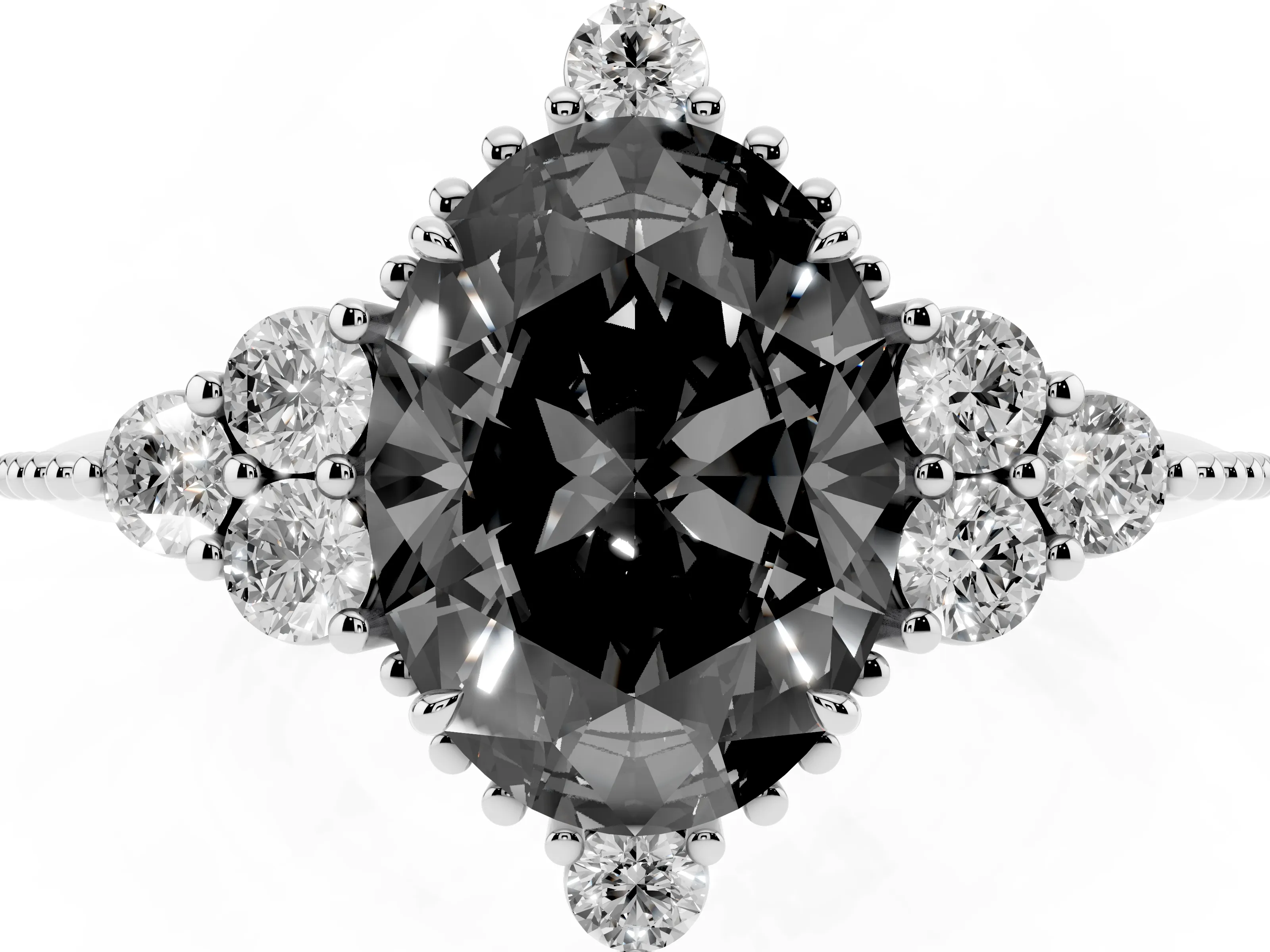 Fancy Black Oval Cut Diamond Cluster Ring Set in Silver with Beaded Band