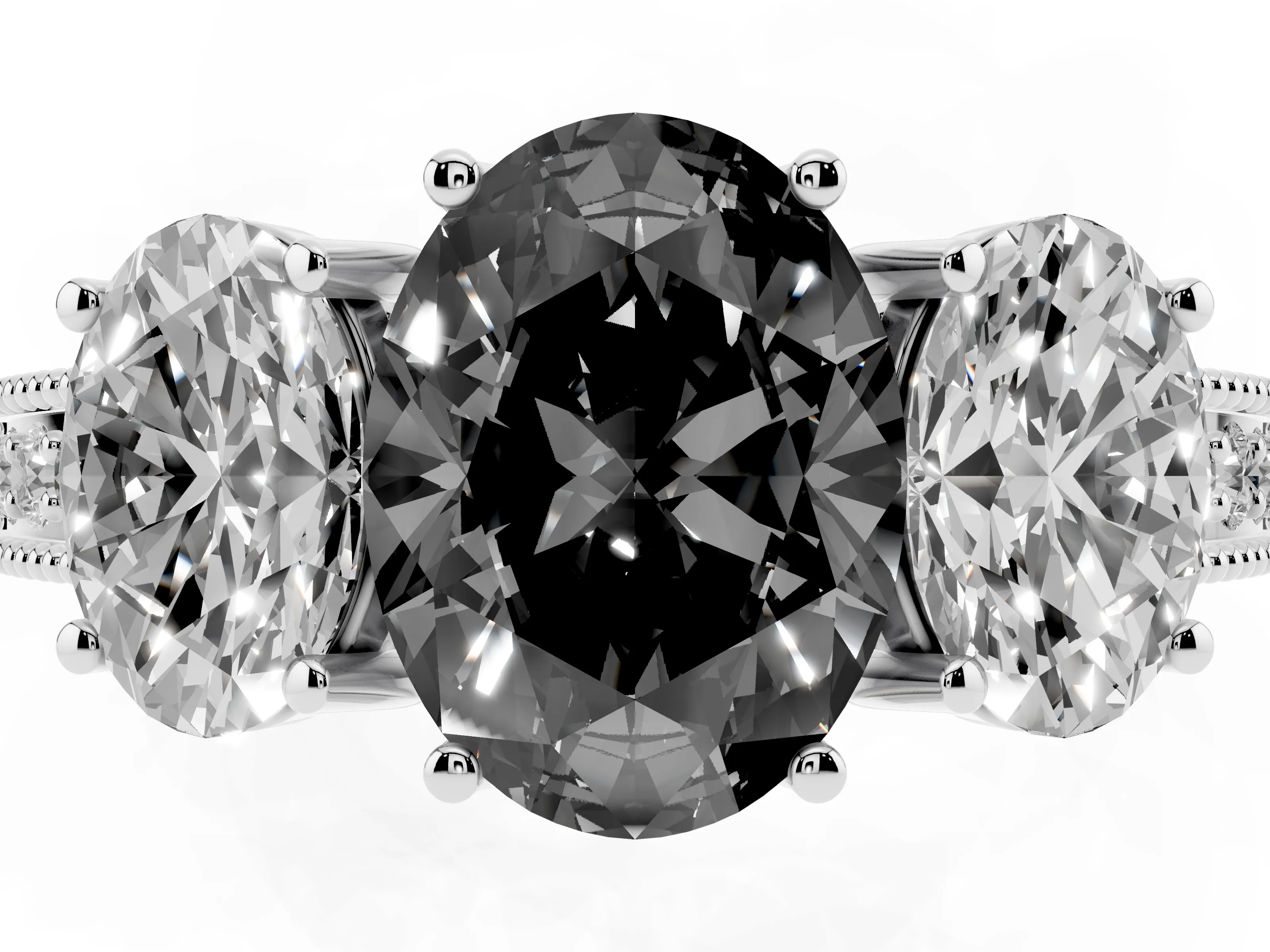 Fancy Black Oval Cut Diamond Three-Stone Engagement Ring Set in Platinum with Milgrain Pavé Band