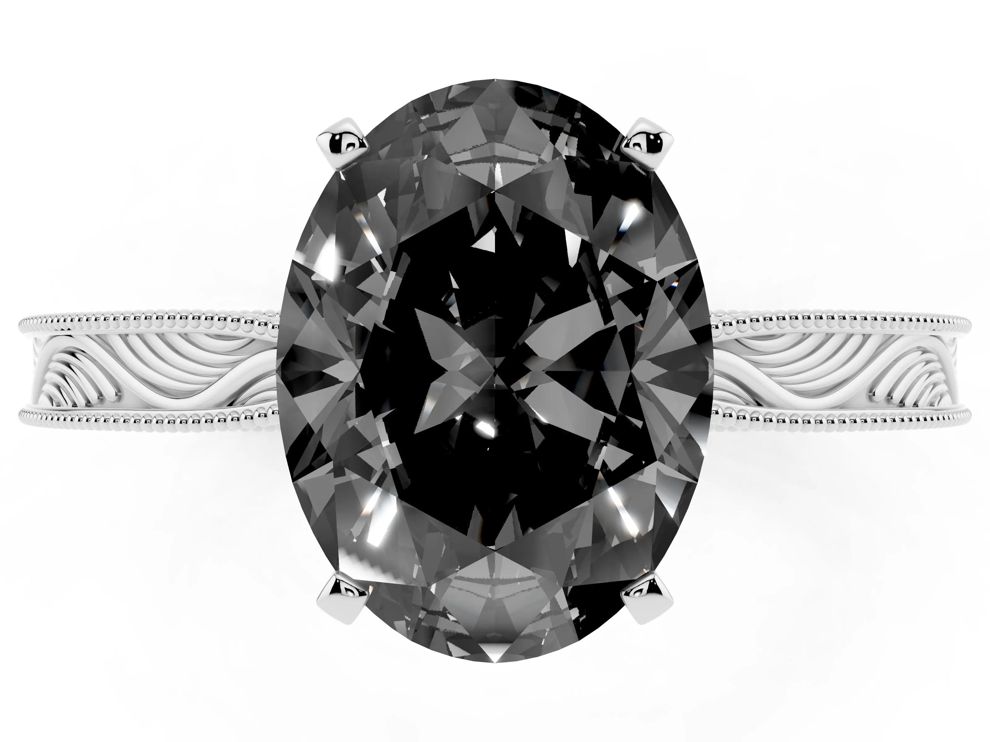 Fancy Black Oval Cut Diamond Solitaire Milgrain Engraved Band Set in Platinum with Prong Setting