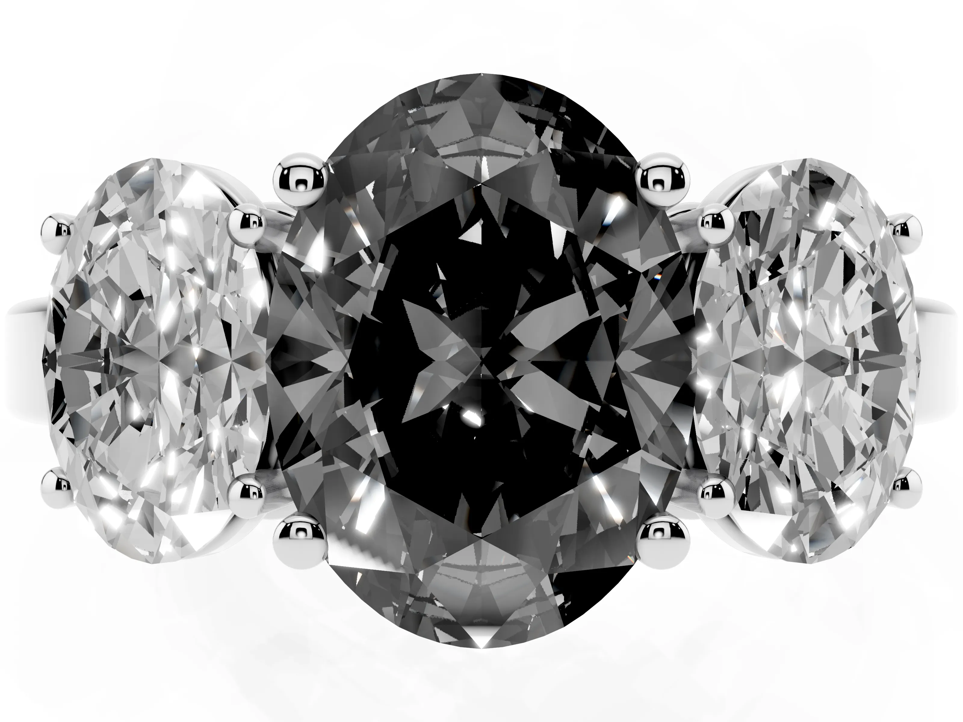 Fancy Black Oval Cut Diamond Three-Stone Engagement Ring Set in Platinum with Flat Band