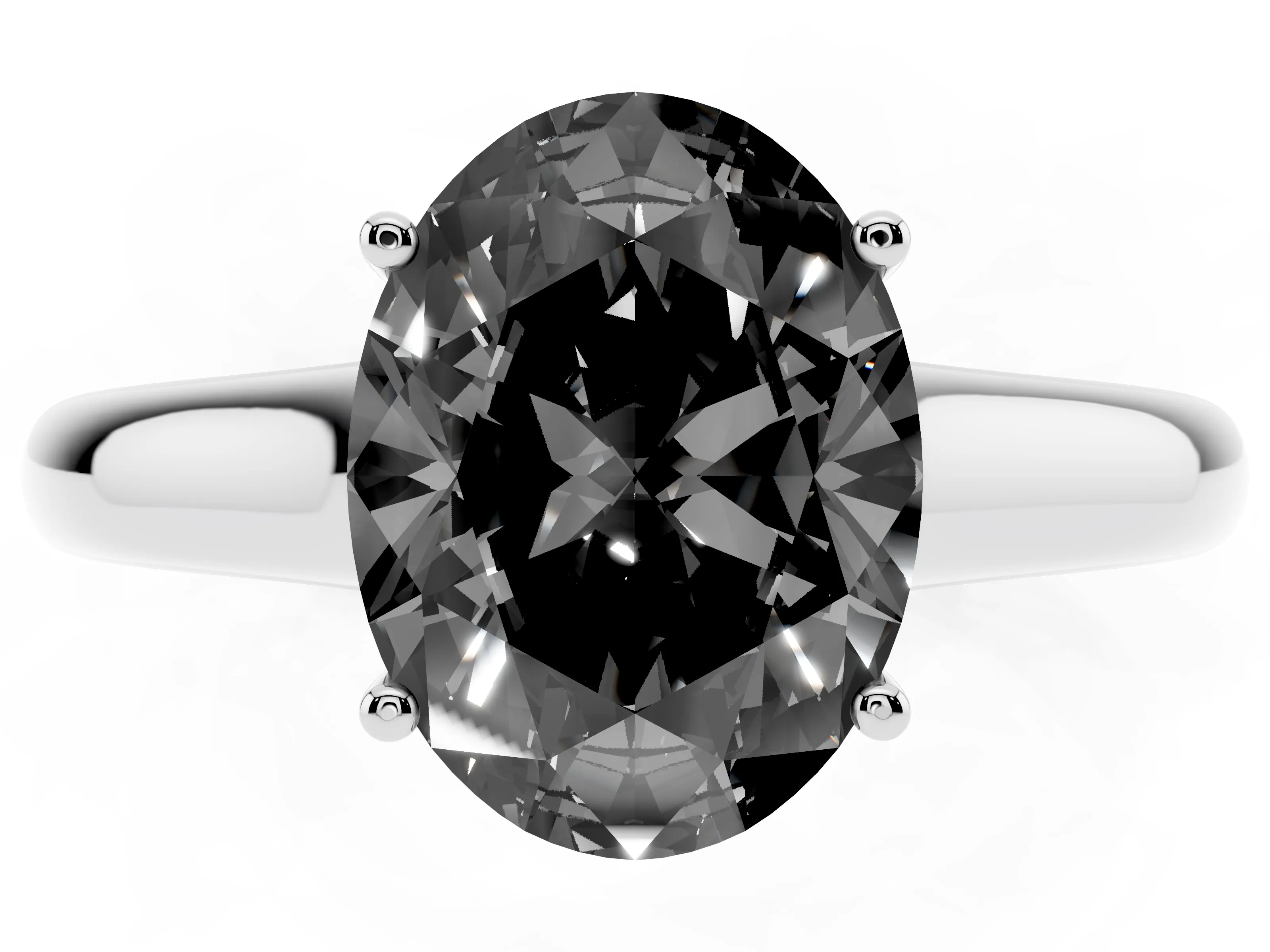 Fancy Black Oval Cut Diamond Solitaire Engagement Ring Set in White gold with Subtly Tapered Band and Prong Setting