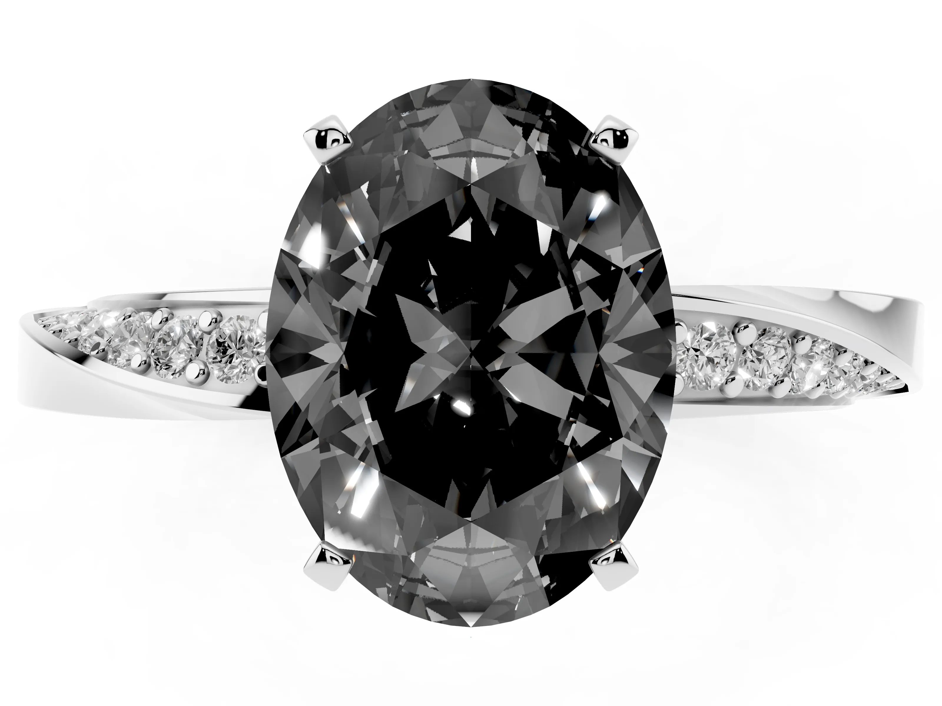 Fancy Black Oval Cut Diamond Engagement Ring Set in Silver with Side Stone Accents and Prong Setting