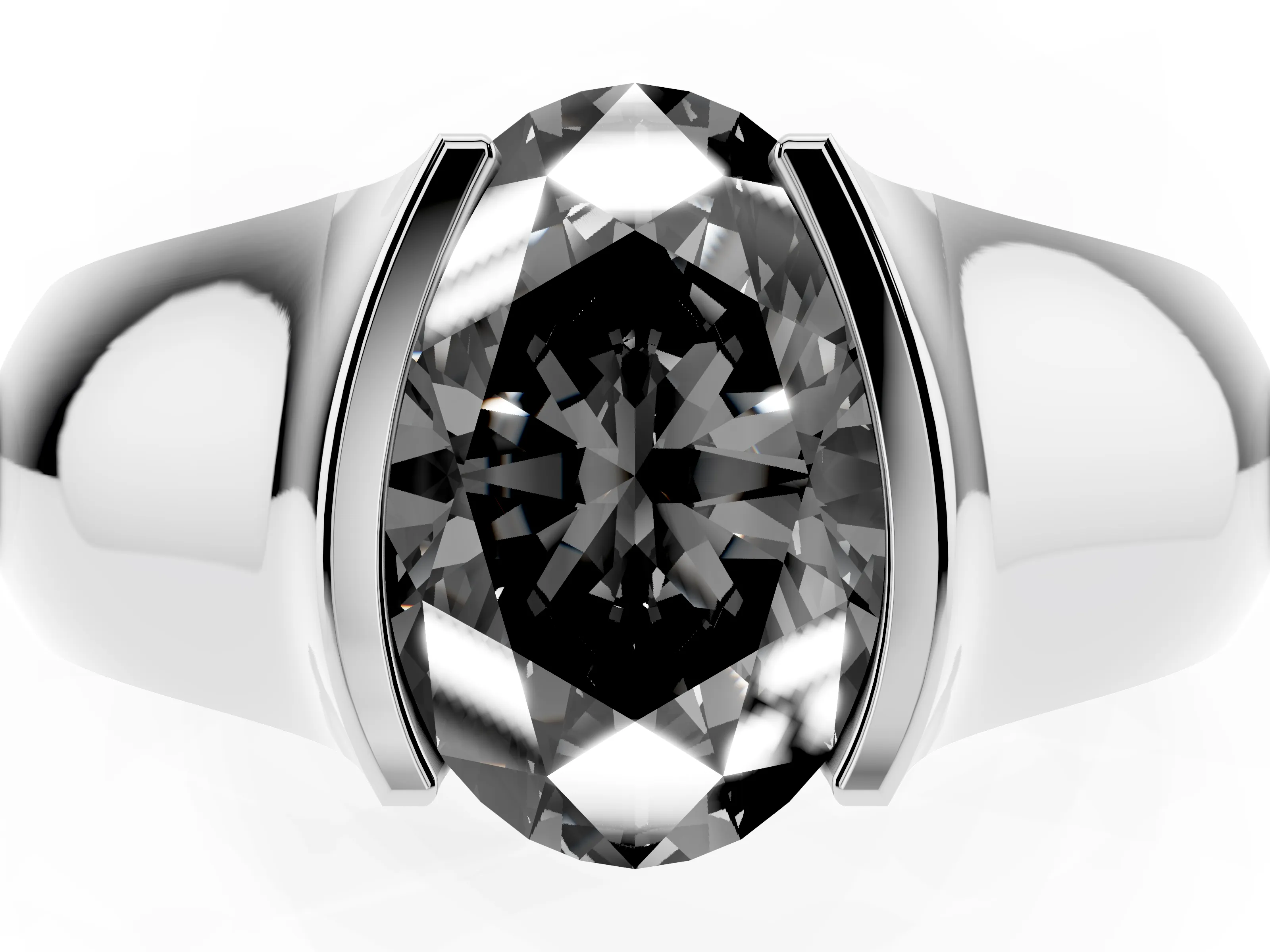 Fancy Black Oval Cut Diamond Bezel Solitaire Ring Set in White gold with Wide Band