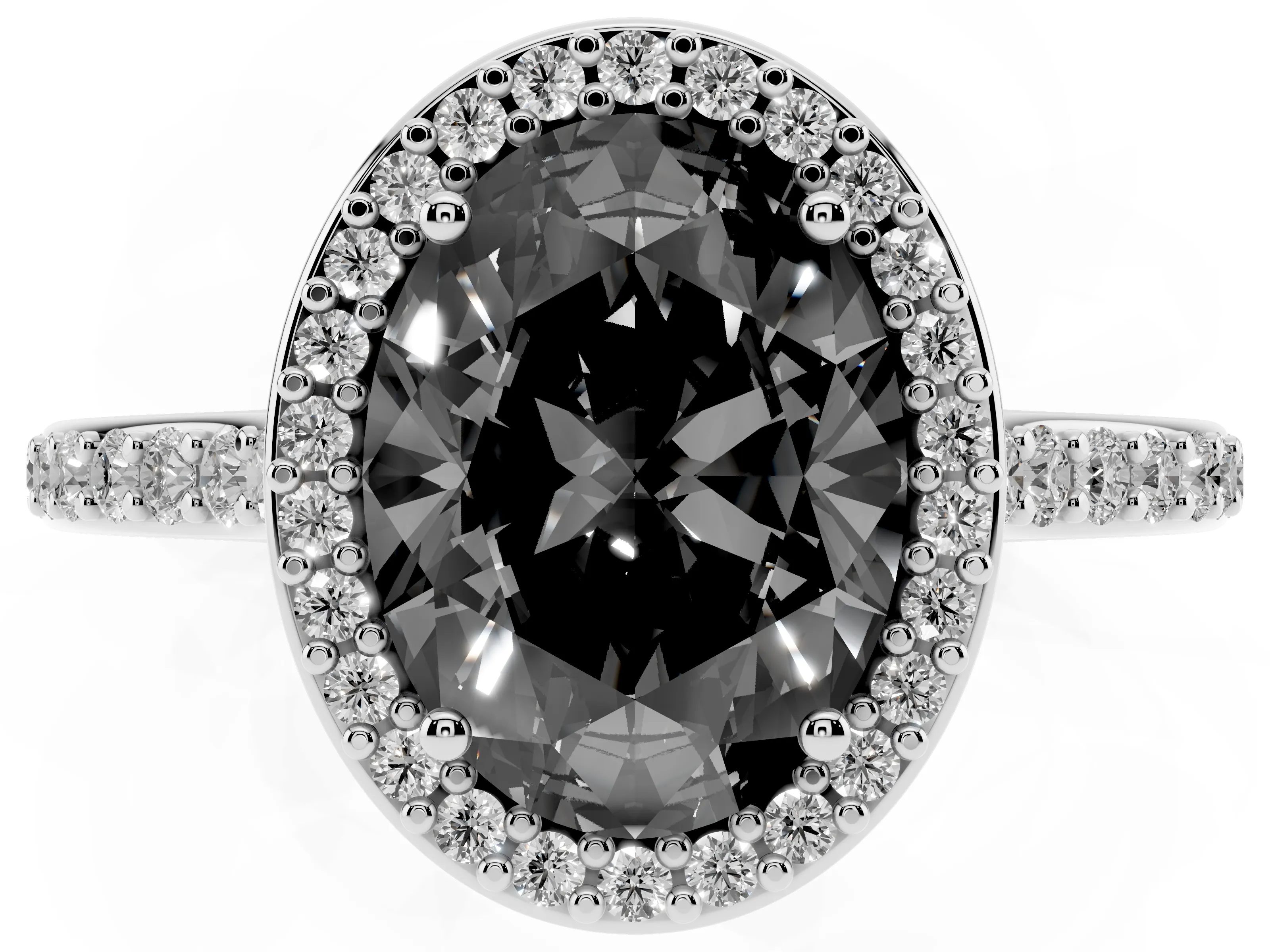 Fancy Black Oval Cut Diamond Halo Engagement Ring Set in White gold with Round Pavé Shoulders and Heart Gallery