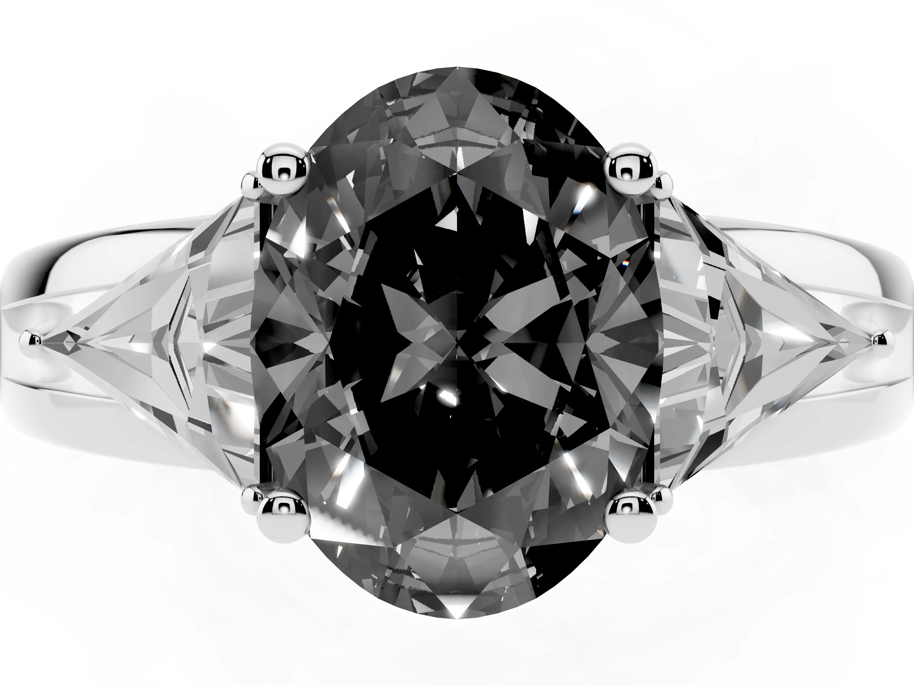 Fancy Black Oval Cut Diamond Three-Stone Ring Set in White gold with Trillion Side Stones and Split Shank