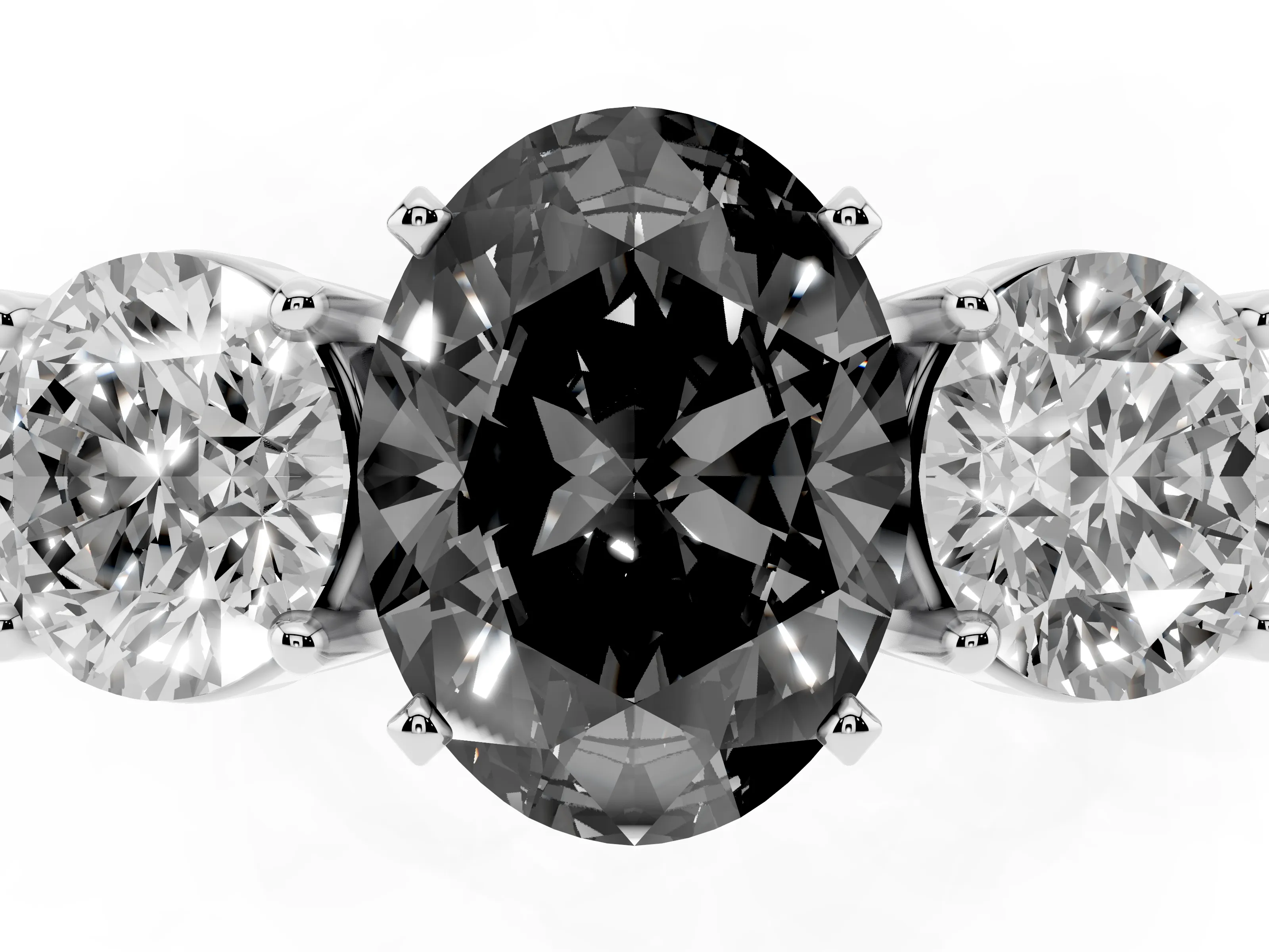 Fancy Black Oval Cut Diamond Three-Stone Ring Set in Platinum with Round Side Stones and Classic Band