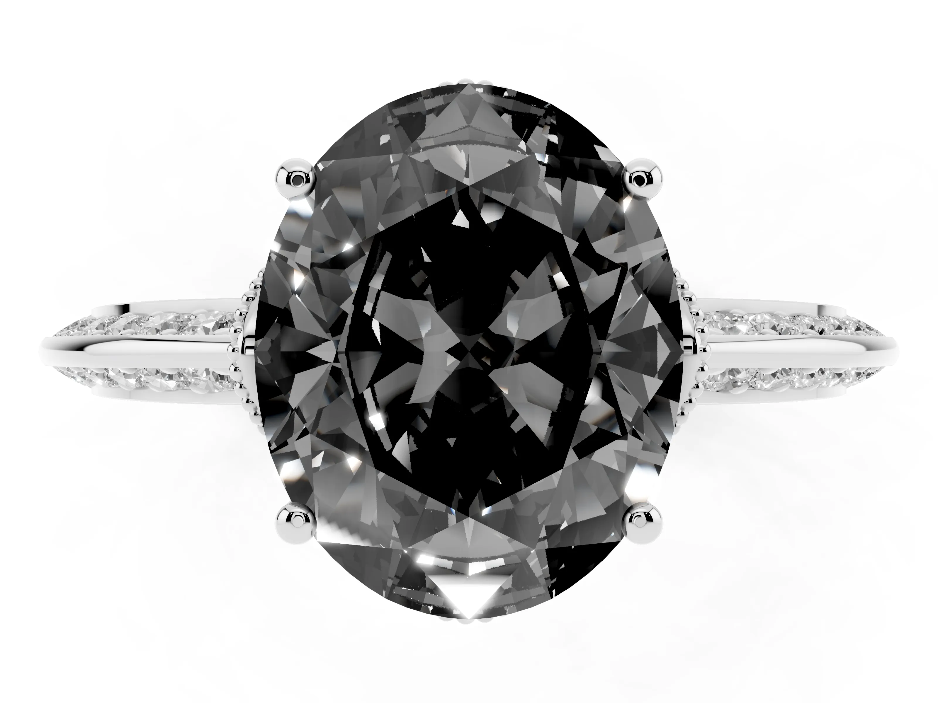 Fancy Black Oval Cut Diamond Solitaire Engagement Ring Set in Platinum with Pavé Split Shank and Prong Setting