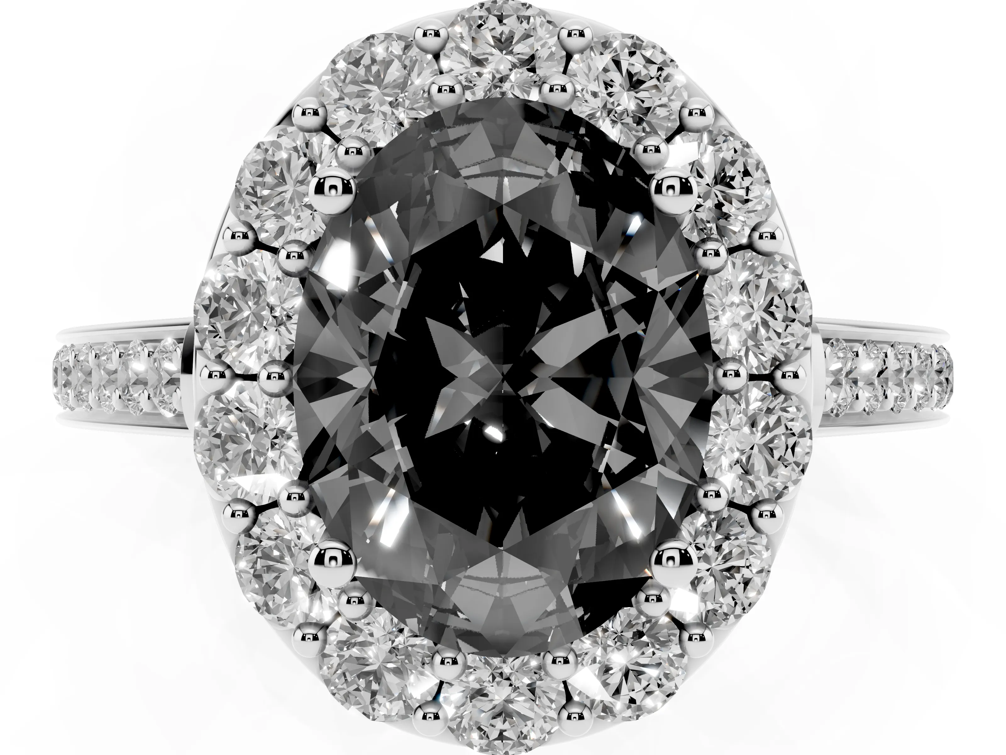Fancy Black Oval Cut Diamond Floral Halo Ring Set in Silver with Pavé Band and Prong Setting