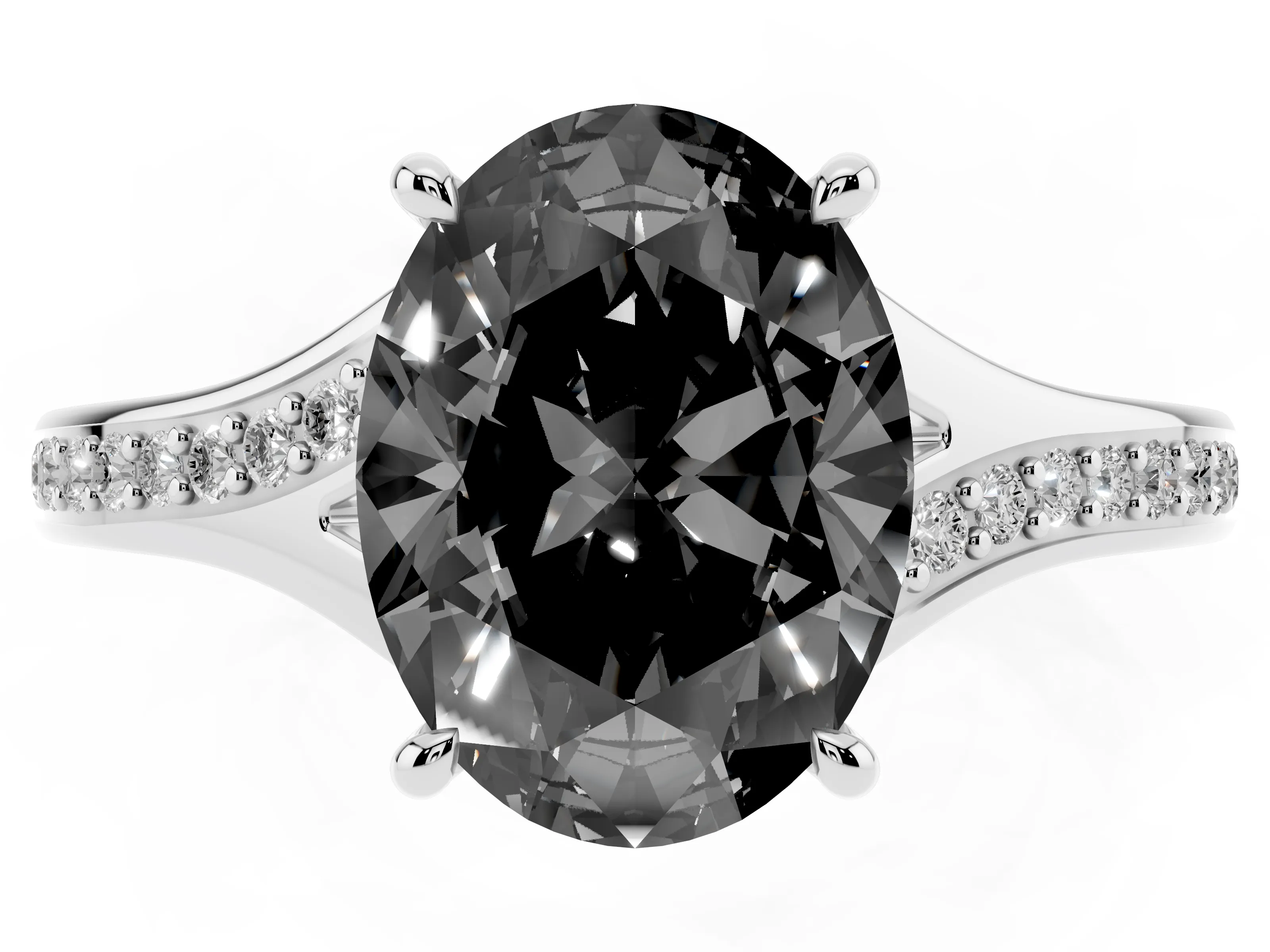 Fancy Black Oval Cut Diamond Solitaire Ring Set in Silver with Pavé Accent Band and Classic Prong Setting