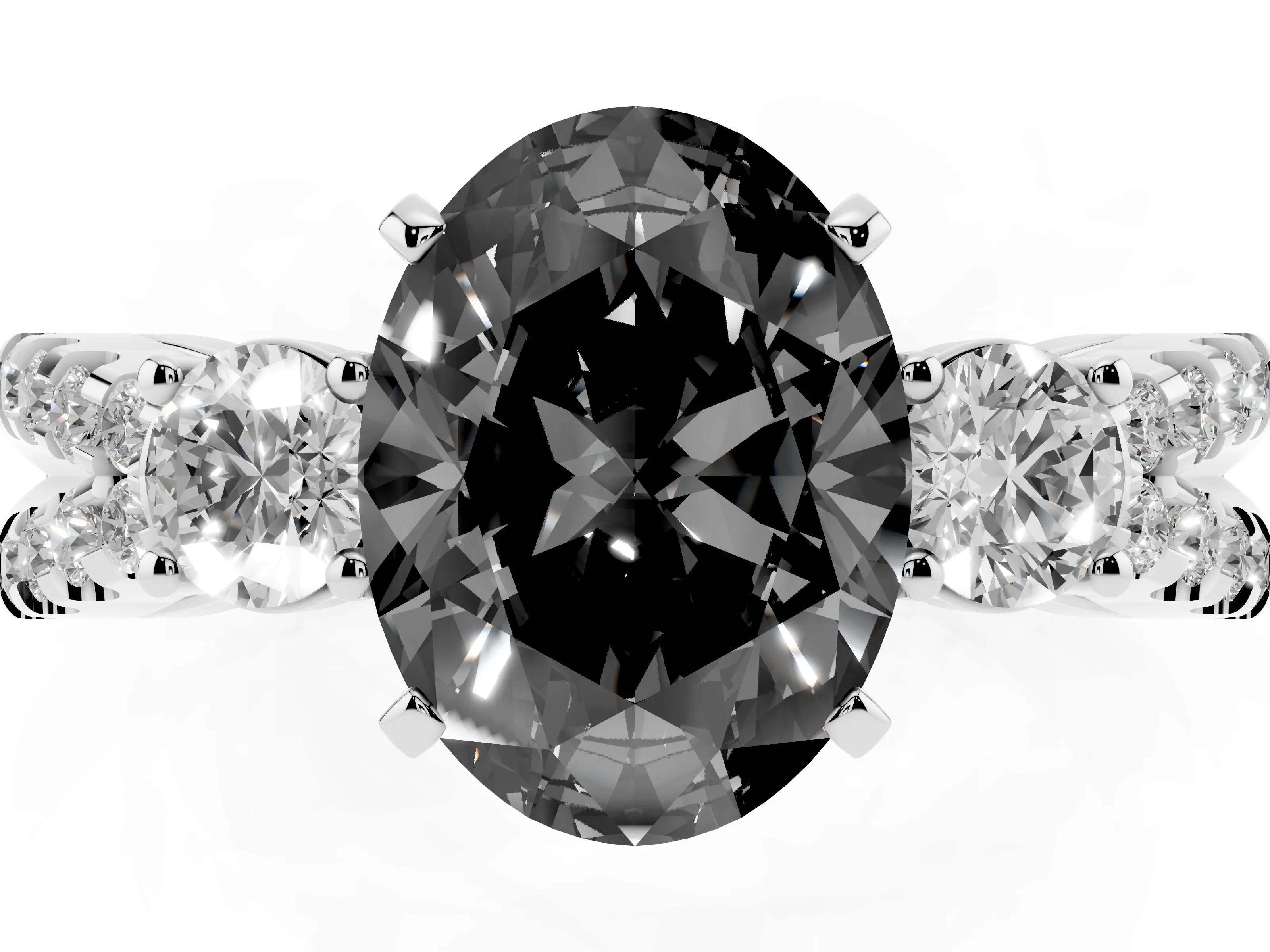 Fancy Black Oval Cut Diamond Three-Stone Ring Set in Silver with Pavé Split Shank and Prong Setting