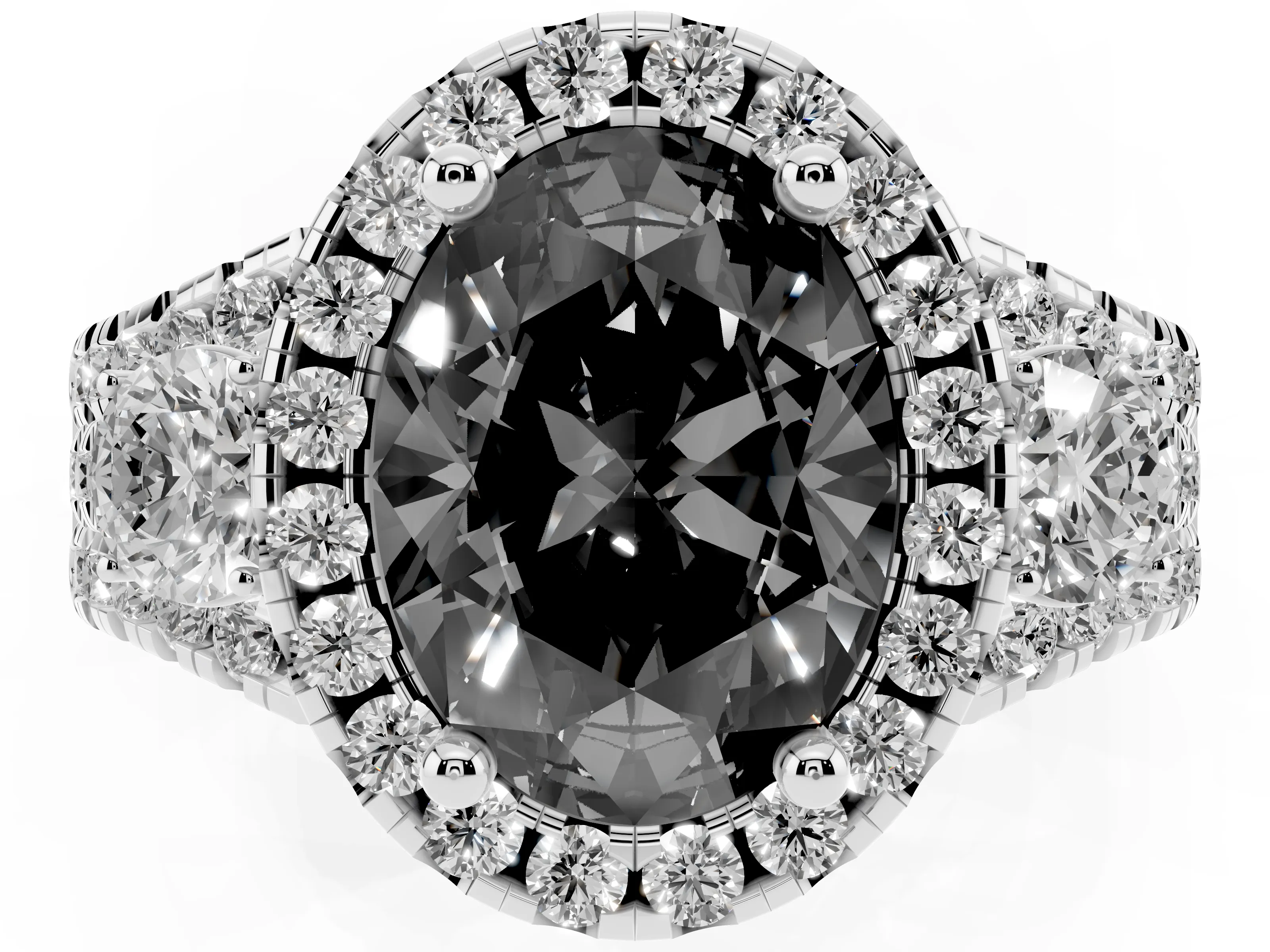 Fancy Black Oval Cut Diamond Halo Split Shank Ring Set in Platinum with Round Accent Stones and Prong Setting