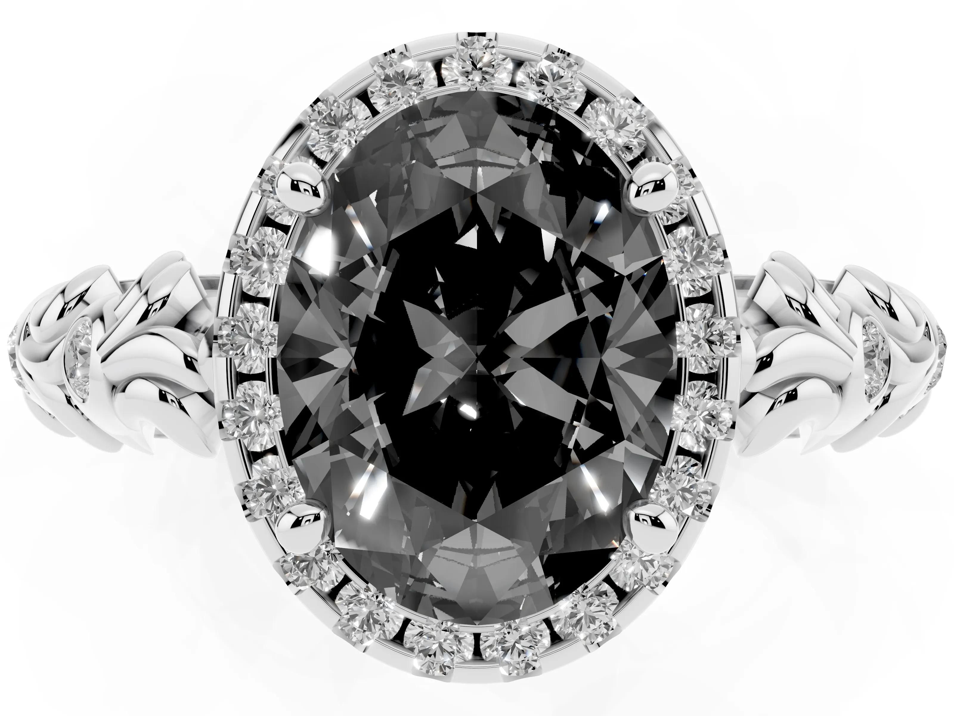 Fancy Black Oval Cut Diamond Halo Ring Set in Silver with Filigree Leaf Band and Prong Setting