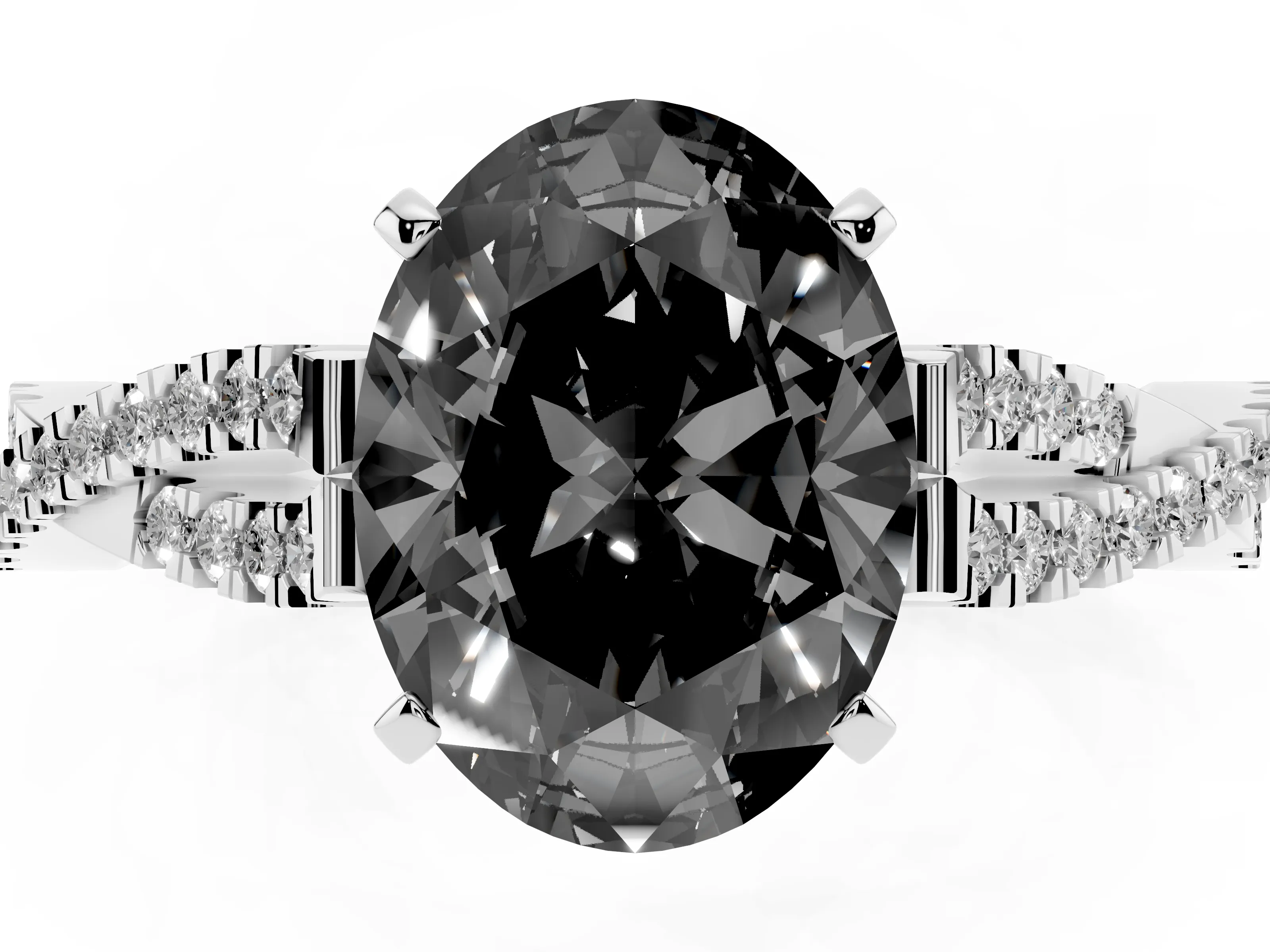 Fancy Black Oval Cut Diamond Solitaire Engagement Ring Set in White gold with Twisted Pavé Band and Prong Setting