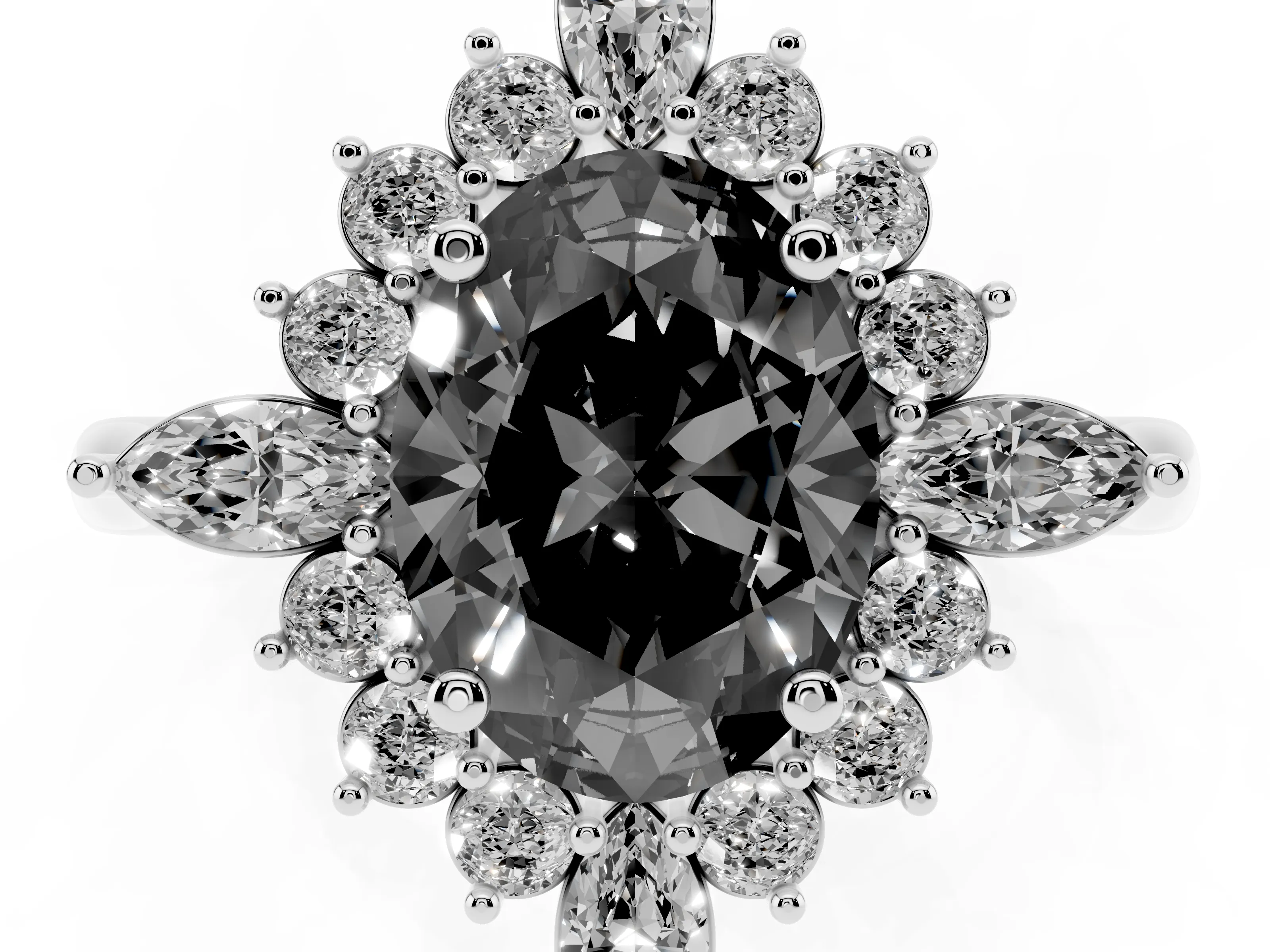 Fancy Black Oval Cut Diamond Cluster Halo Ring Set in Platinum with Marquise and Round Accents