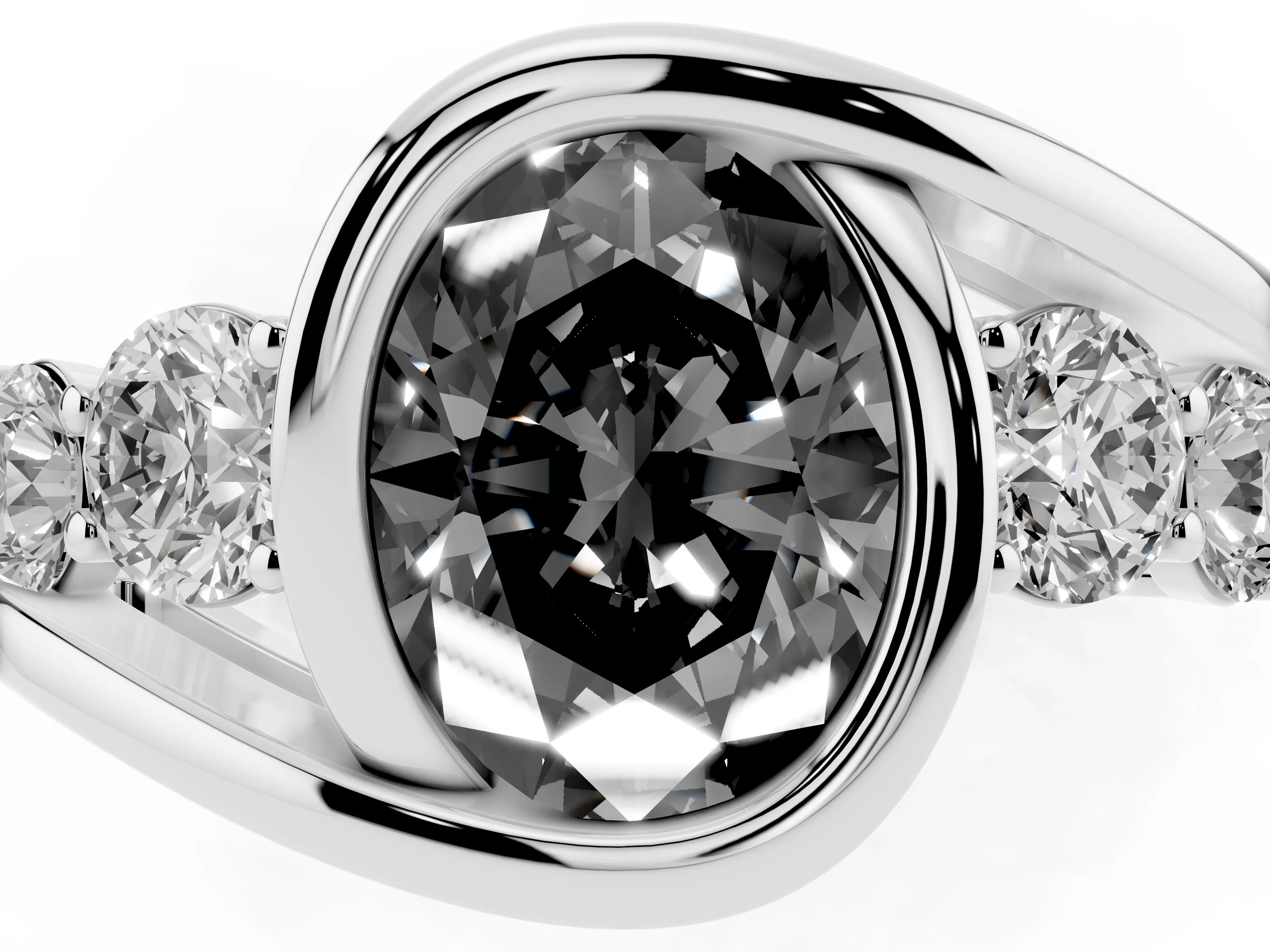 Fancy Black Oval Cut Diamond Bezel Bypass Ring Set in Silver with Round Accents