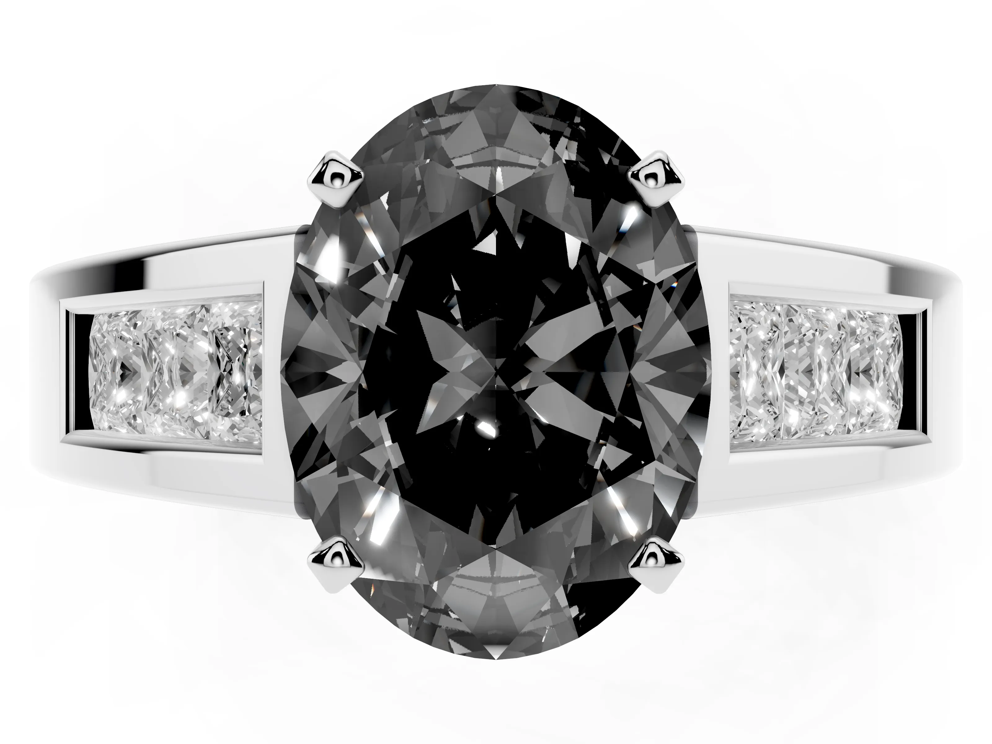 Fancy Black Oval Cut Diamond Solitaire Ring Set in White gold with Channel-Set Accent Stones and Prong Setting