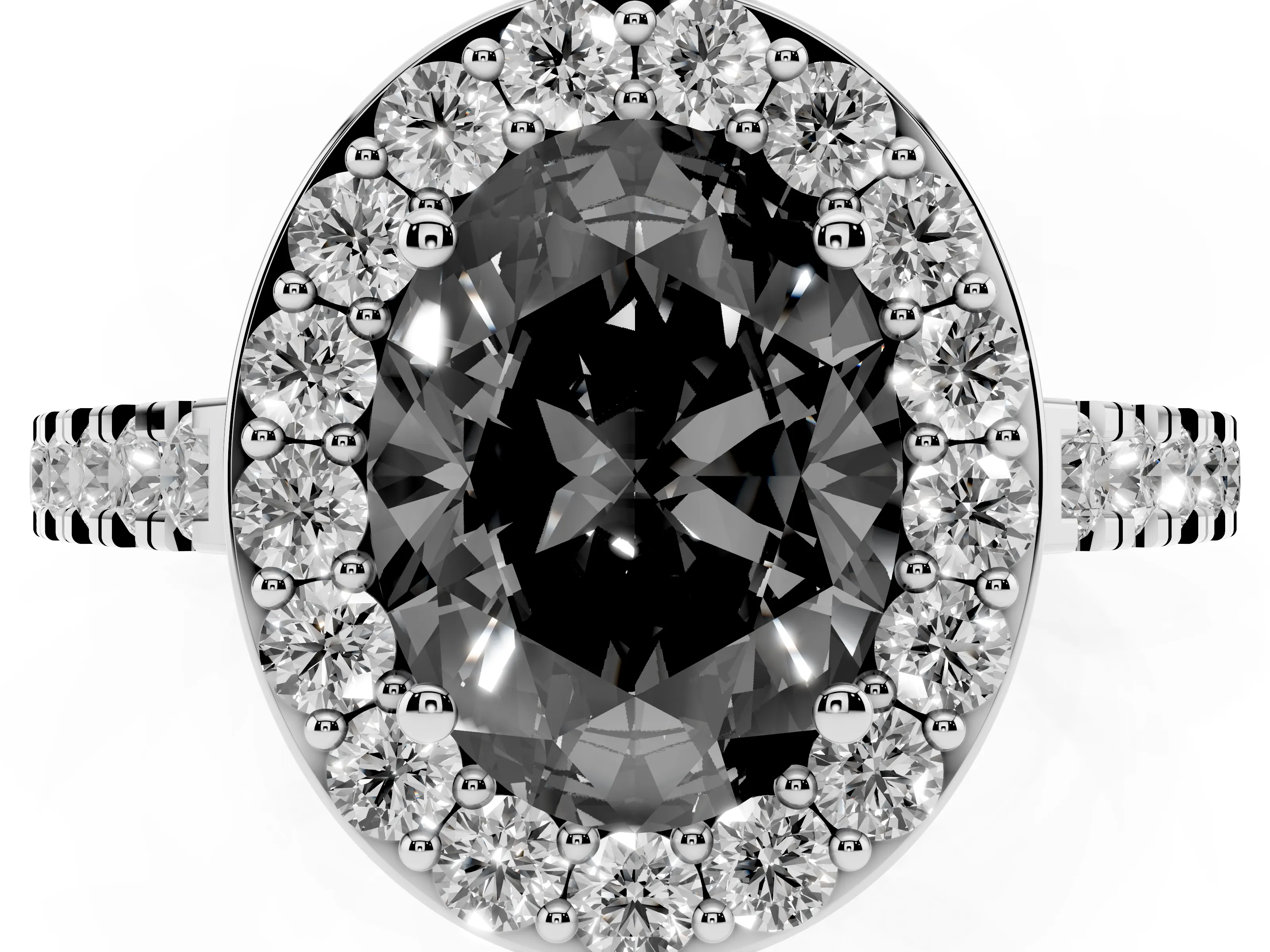 Fancy Black Oval Cut Diamond Halo Ring Set in Silver with Round Pavé Split Shank and Prong Setting