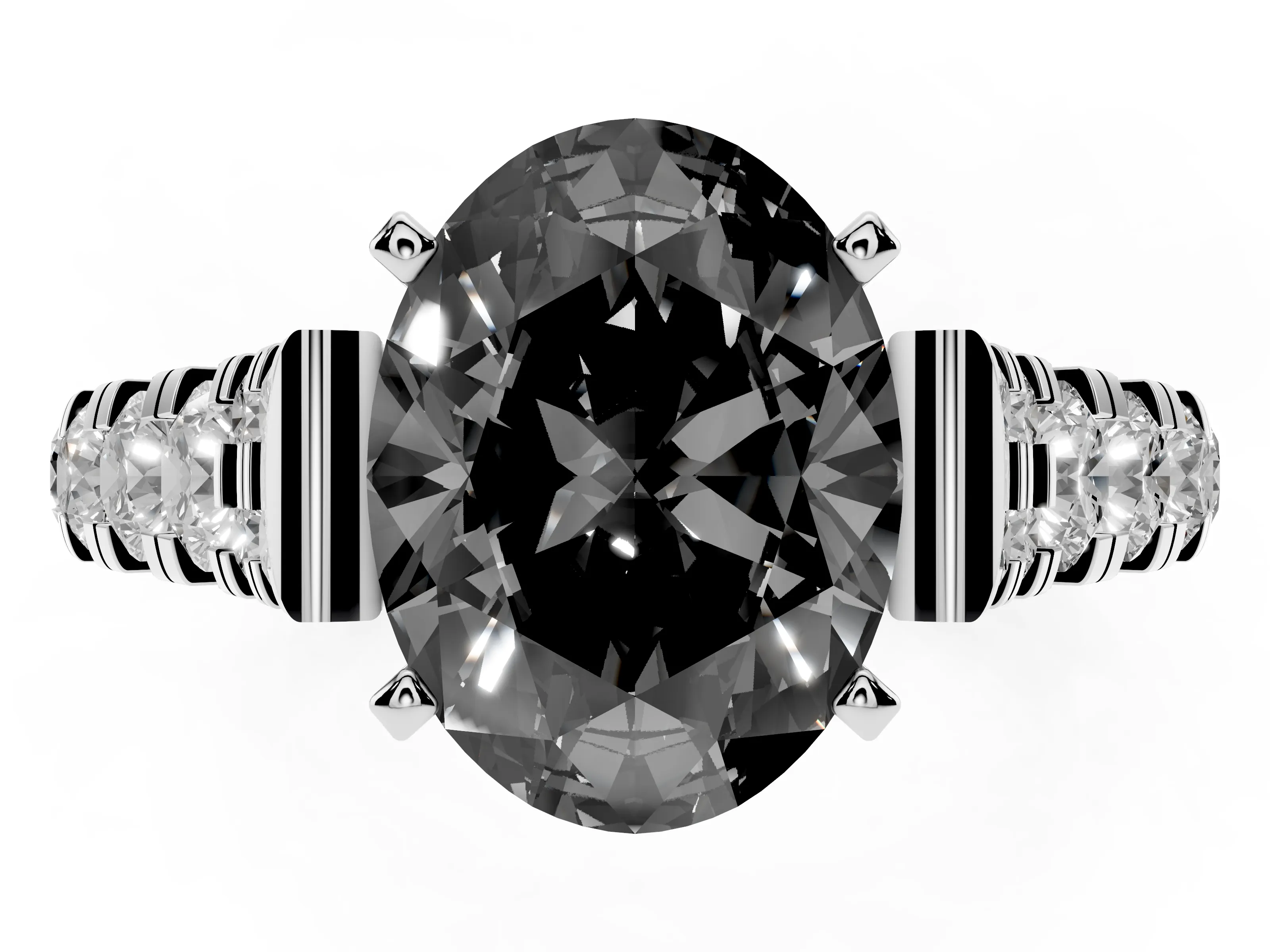 Fancy Black Oval Cut Diamond Classic Solitaire Ring Set in Platinum with Pavé Band and Prong Setting