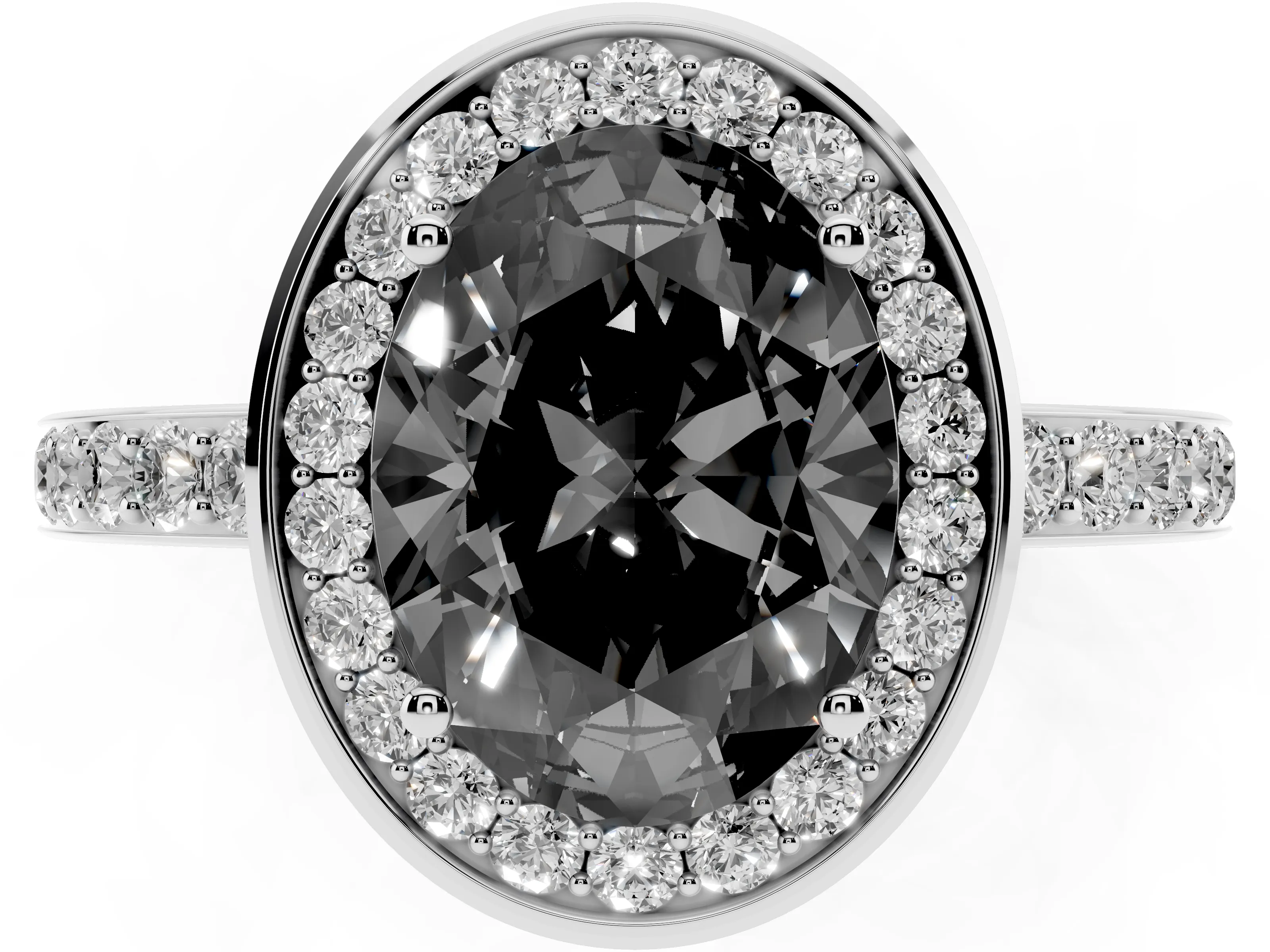Fancy Black Oval Cut Diamond Halo Ring Set in Platinum with Bezel Frame and Pavé Band