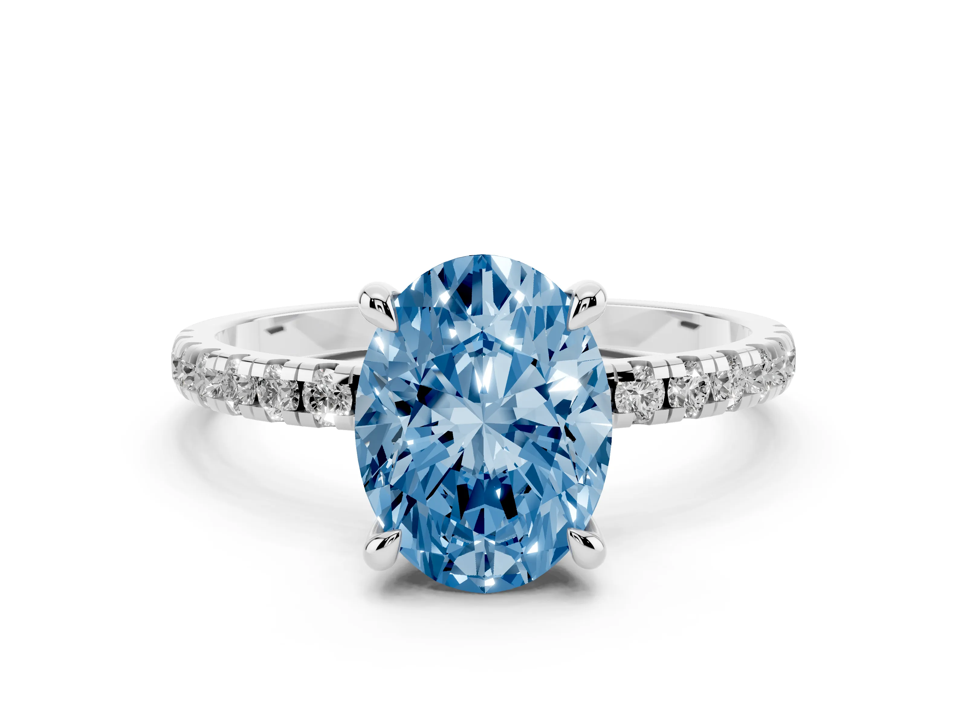 Fancy Blue Oval Cut Diamond Brilliant Solitaire Ring Set in White gold with Pavé Band and Prong Setting