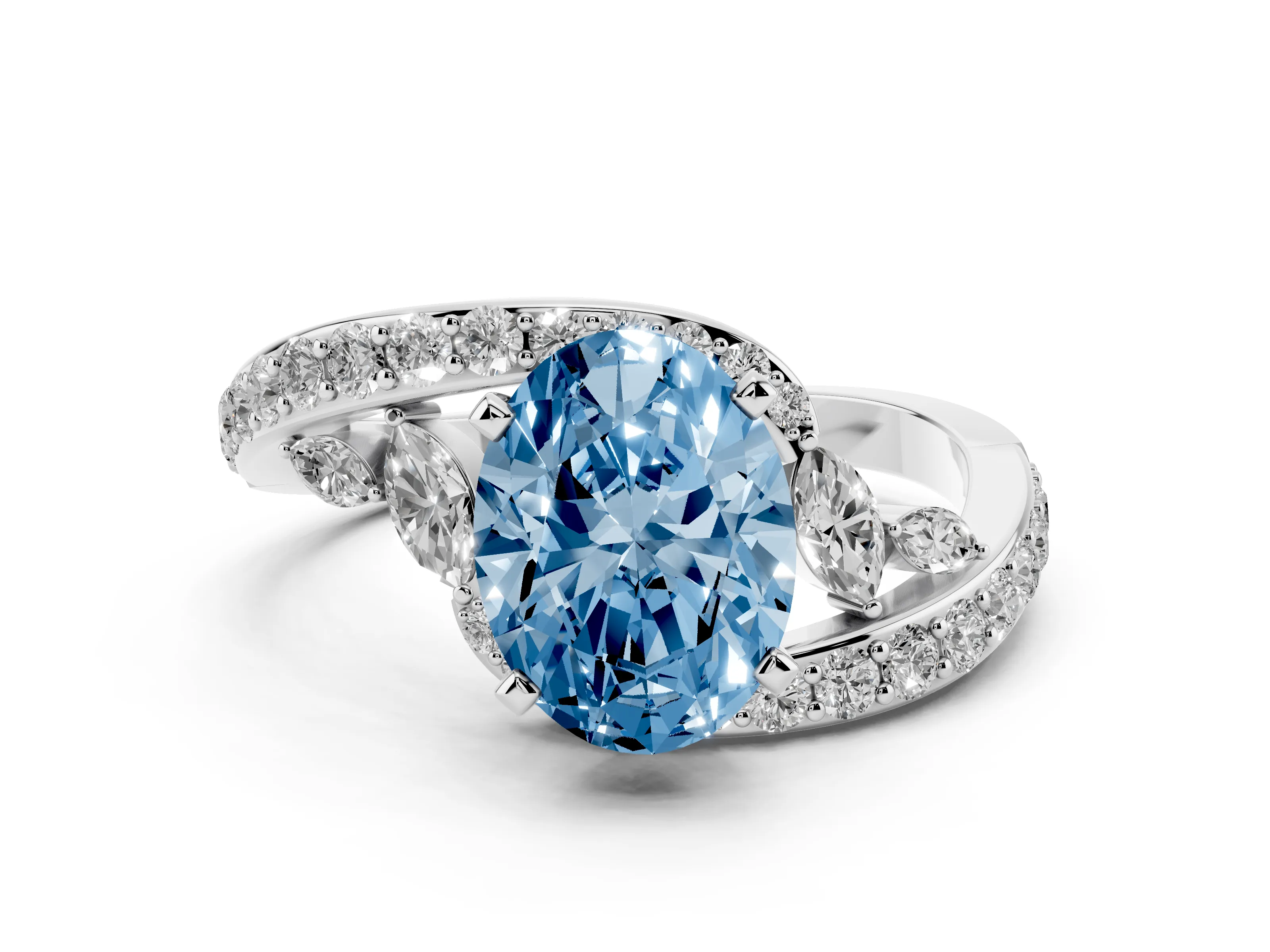Fancy Blue Oval Cut Diamond Solitaire Ring Set in Silver with Pavé Twist Band and Secure Prong Setting
