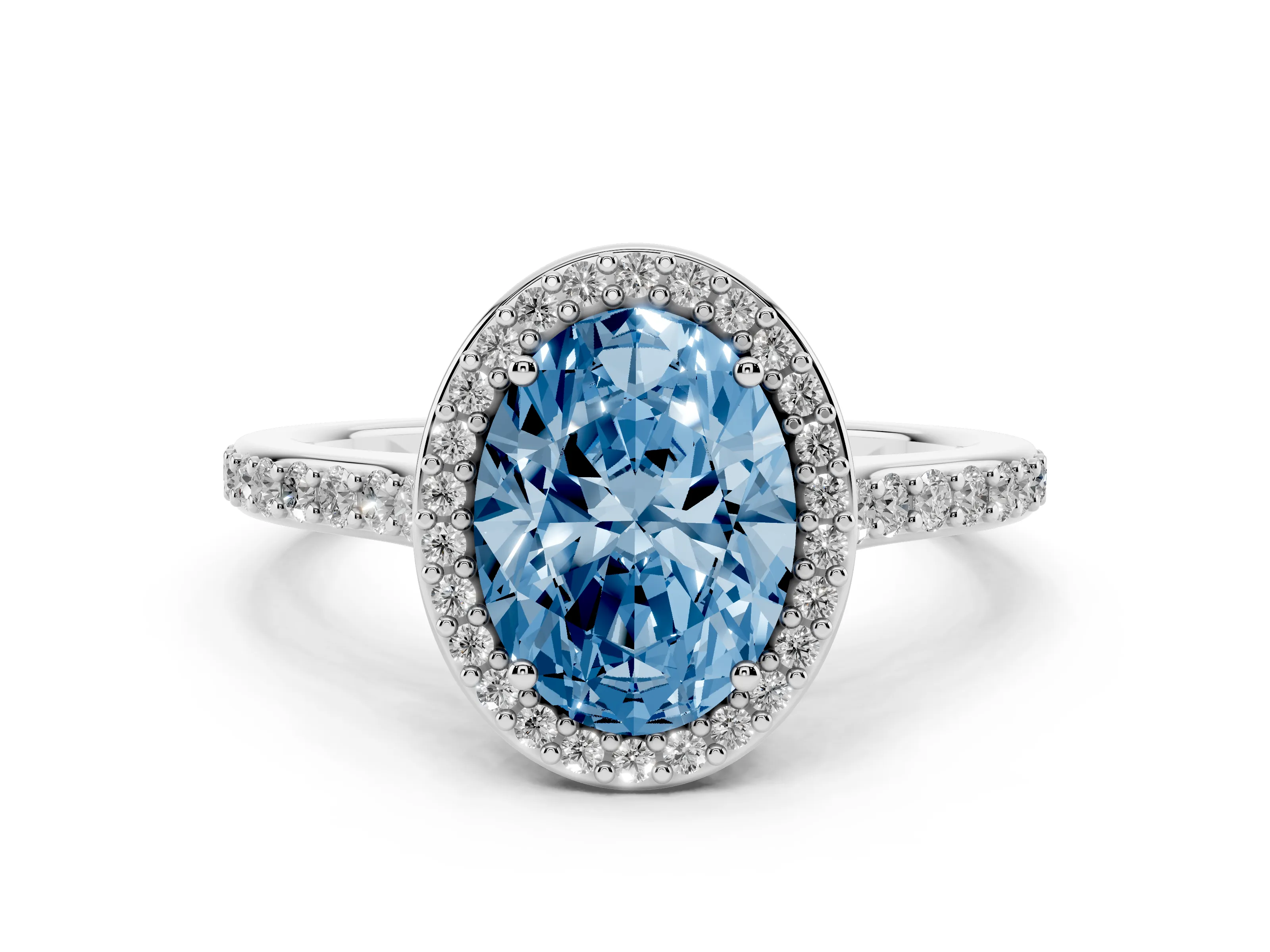 Fancy Blue Oval Cut Diamond Halo Engagement Ring Set in Platinum with Round Pavé Shoulders and Heart Gallery