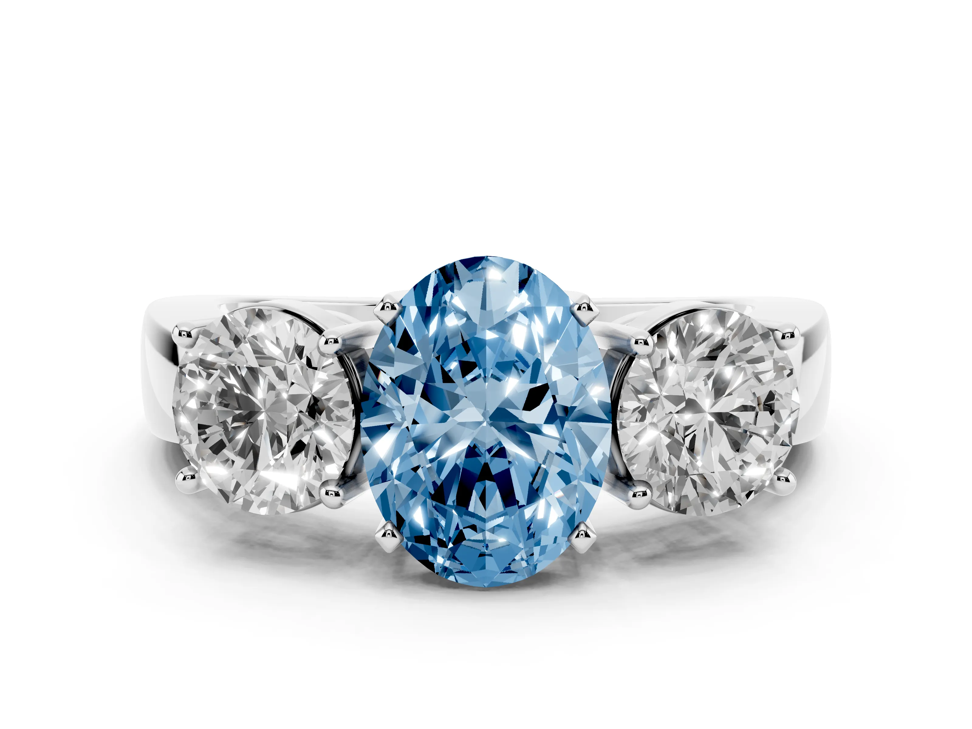 Fancy Blue Oval Cut Diamond Three-Stone Ring Set in Platinum with Round Side Stones and Classic Band