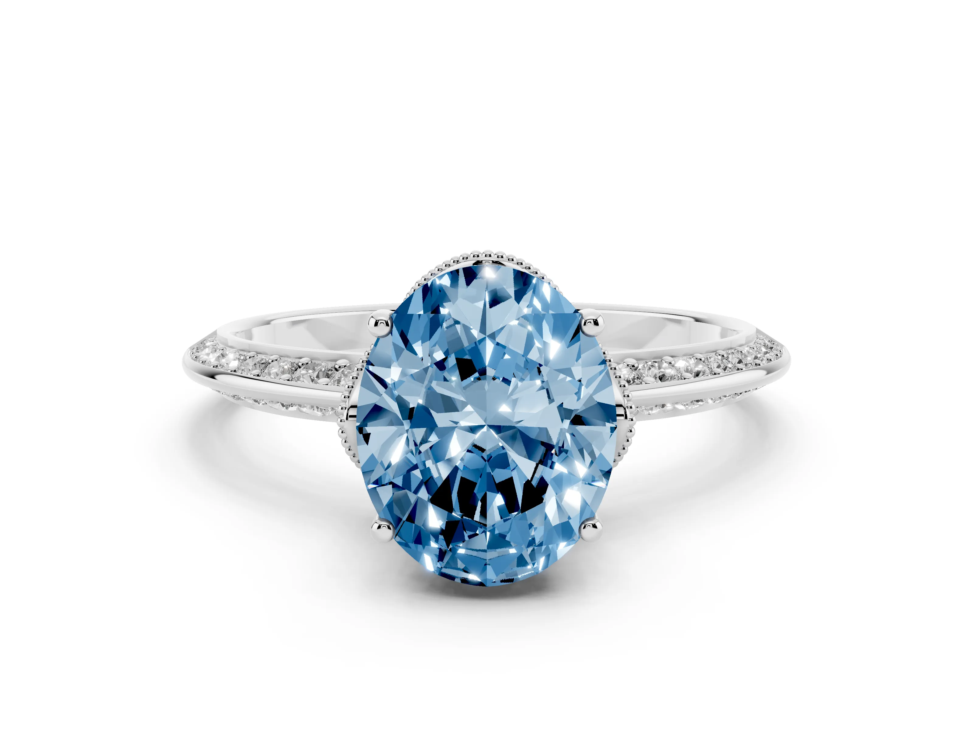 Fancy Blue Oval Cut Diamond Solitaire Engagement Ring Set in Platinum with Pavé Split Shank and Prong Setting