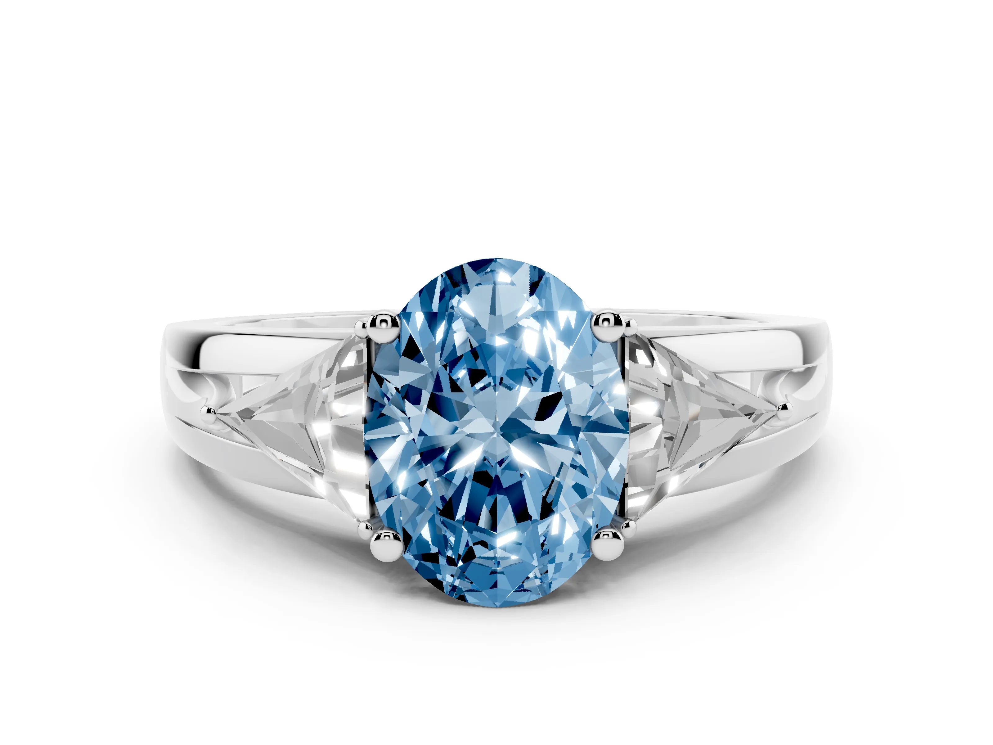 Fancy Blue Oval Cut Diamond Three-Stone Ring Set in Silver with Trillion Side Stones and Split Shank