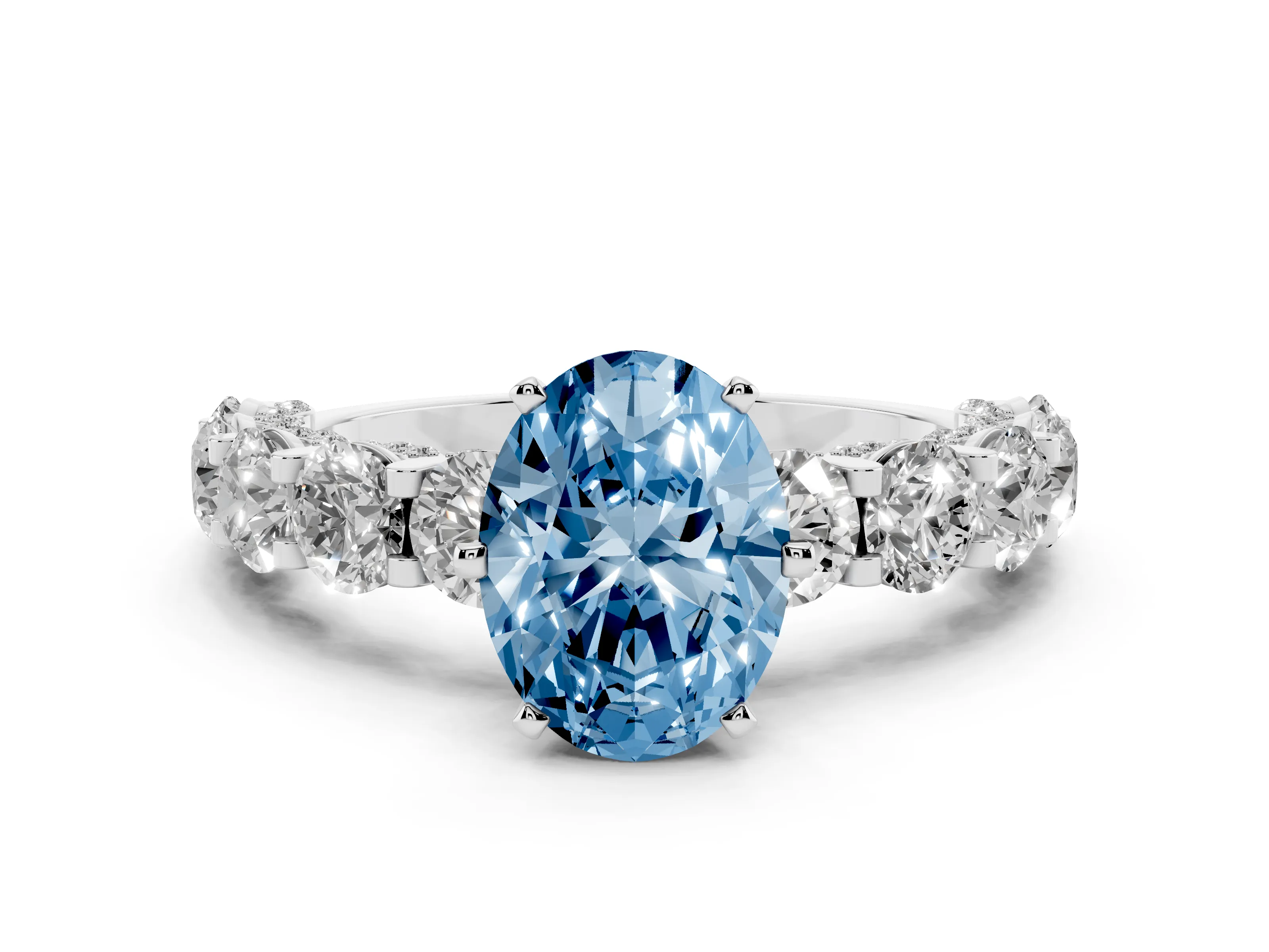 Fancy Blue Oval Cut Diamond Side Stone Ring Set in Platinum with Alternating Round and Oval Side Stones