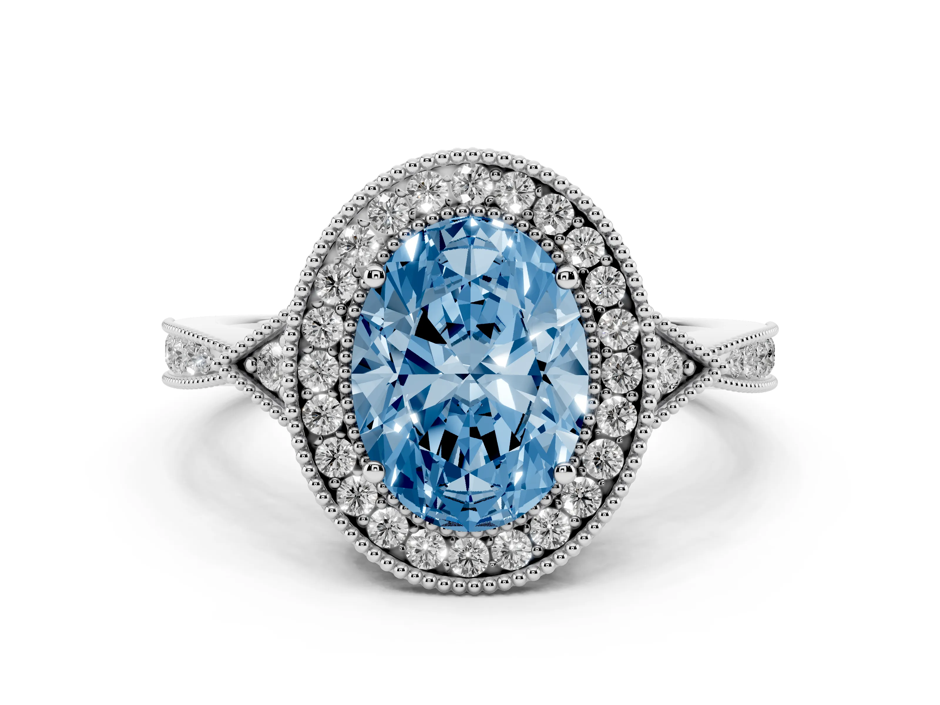 Fancy Blue Oval Cut Diamond Halo Engagement Ring Set in Platinum with Milgrain Pavé Band