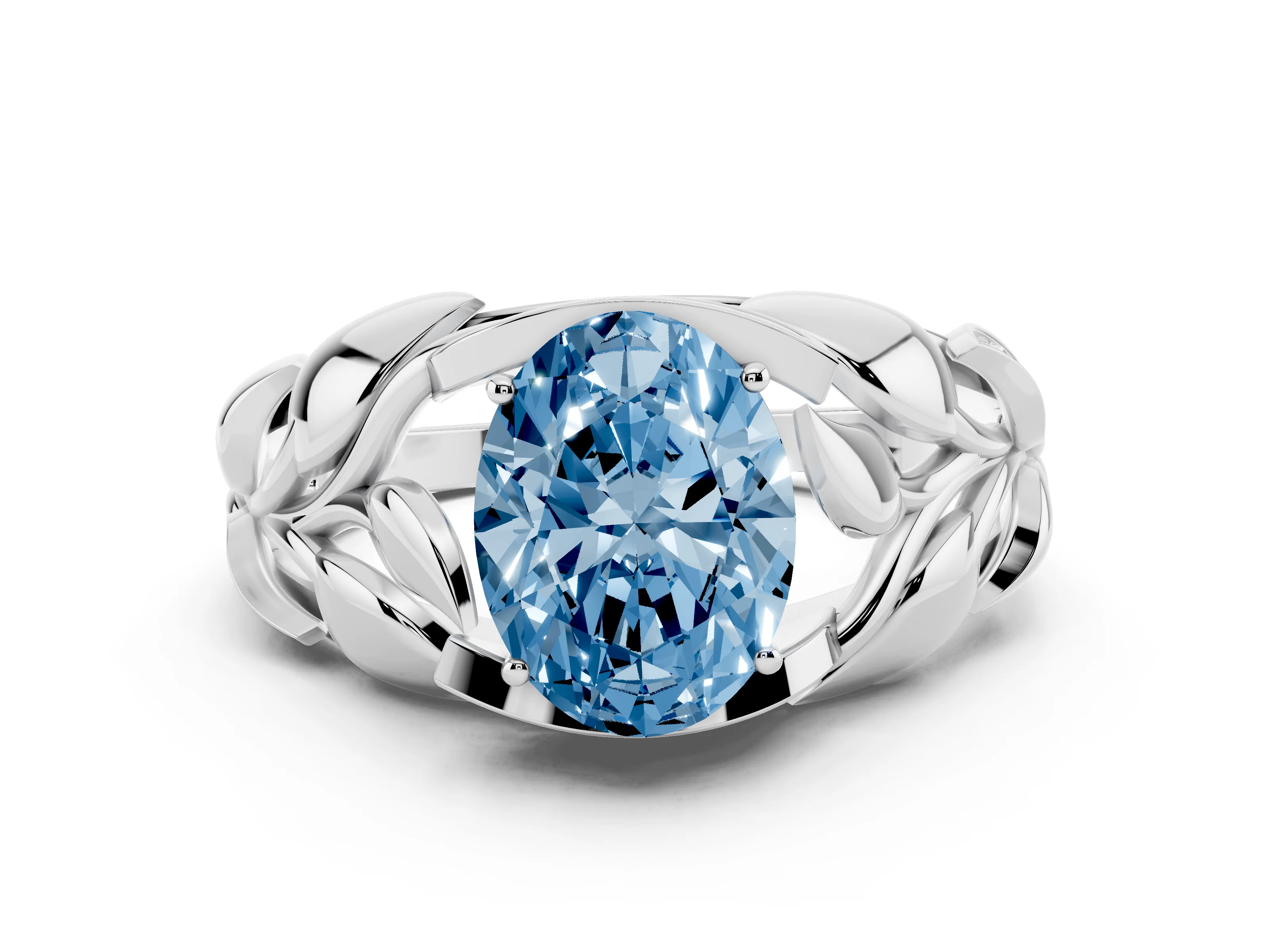 Fancy Blue Oval Cut Diamond Leaf-Inspired Engagement Ring Set in White gold with Round Accents
