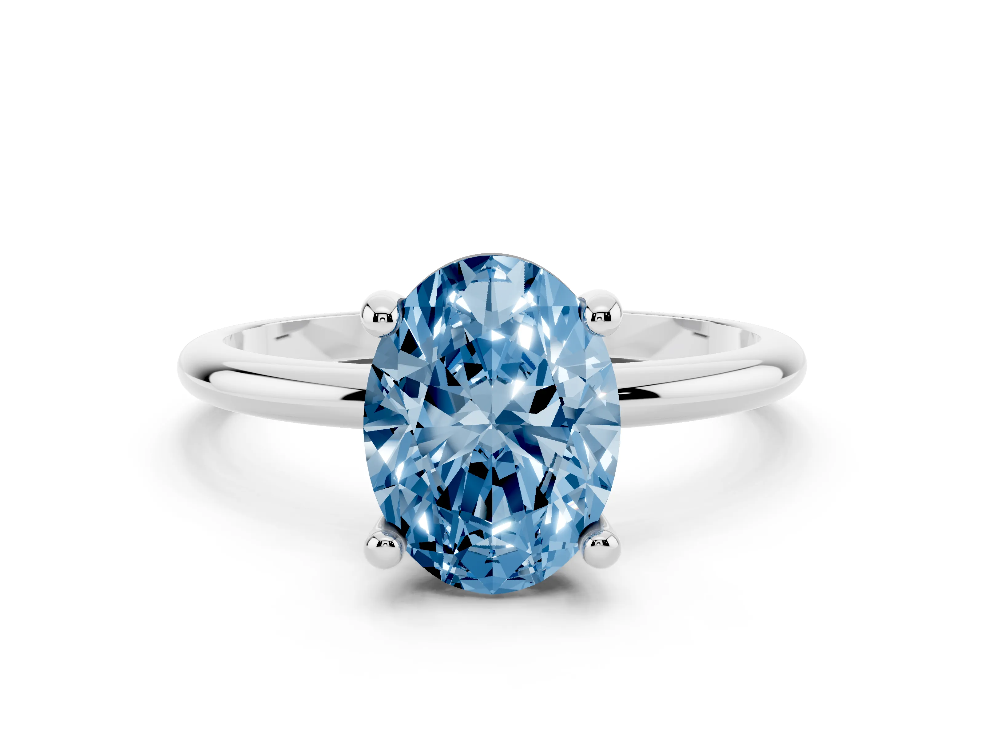 Fancy Blue Oval Cut Diamond Solitaire Ring Set in Platinum with Secure Prong Setting on a Classic Band