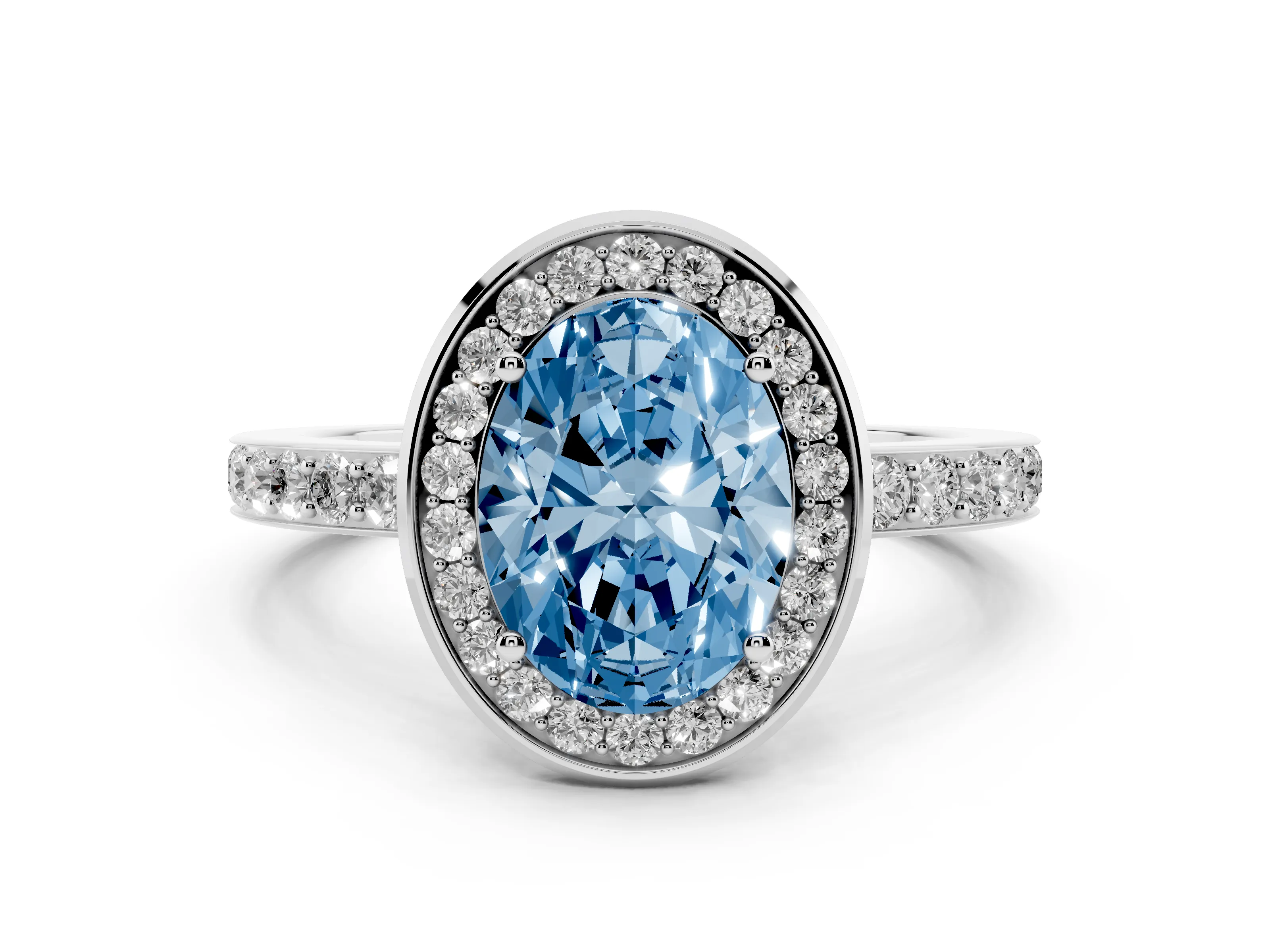 Fancy Blue Oval Cut Diamond Halo Ring Set in Silver with Bezel Frame and Pavé Band