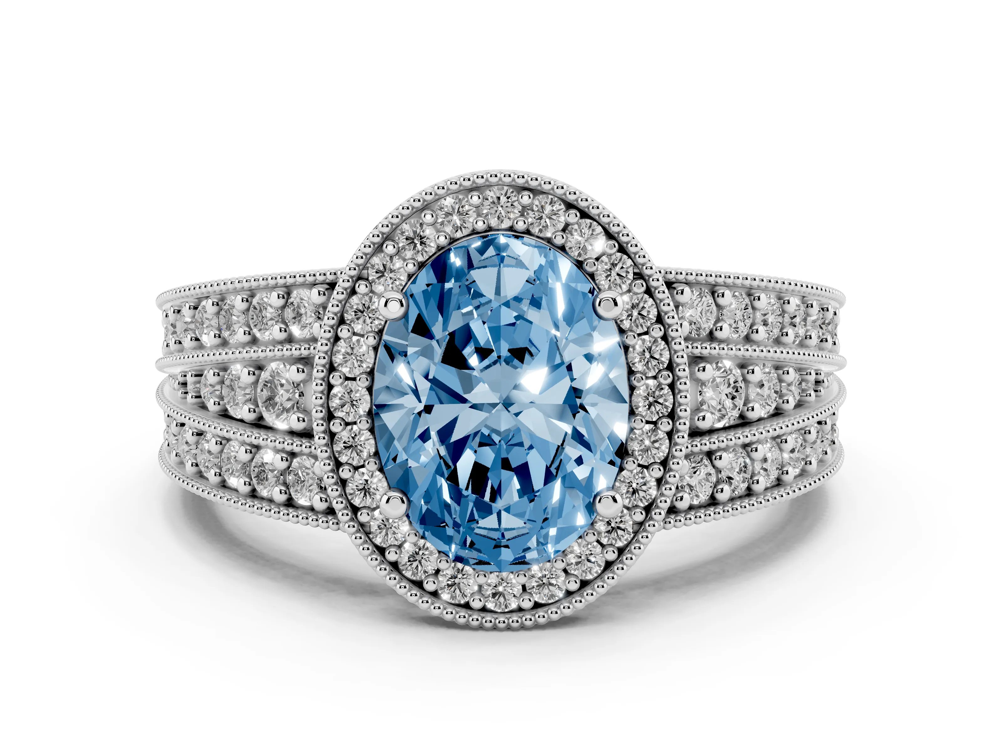Fancy Blue Oval Cut Diamond Halo Ring Set in Platinum with Accent Split Shank and Prong Setting