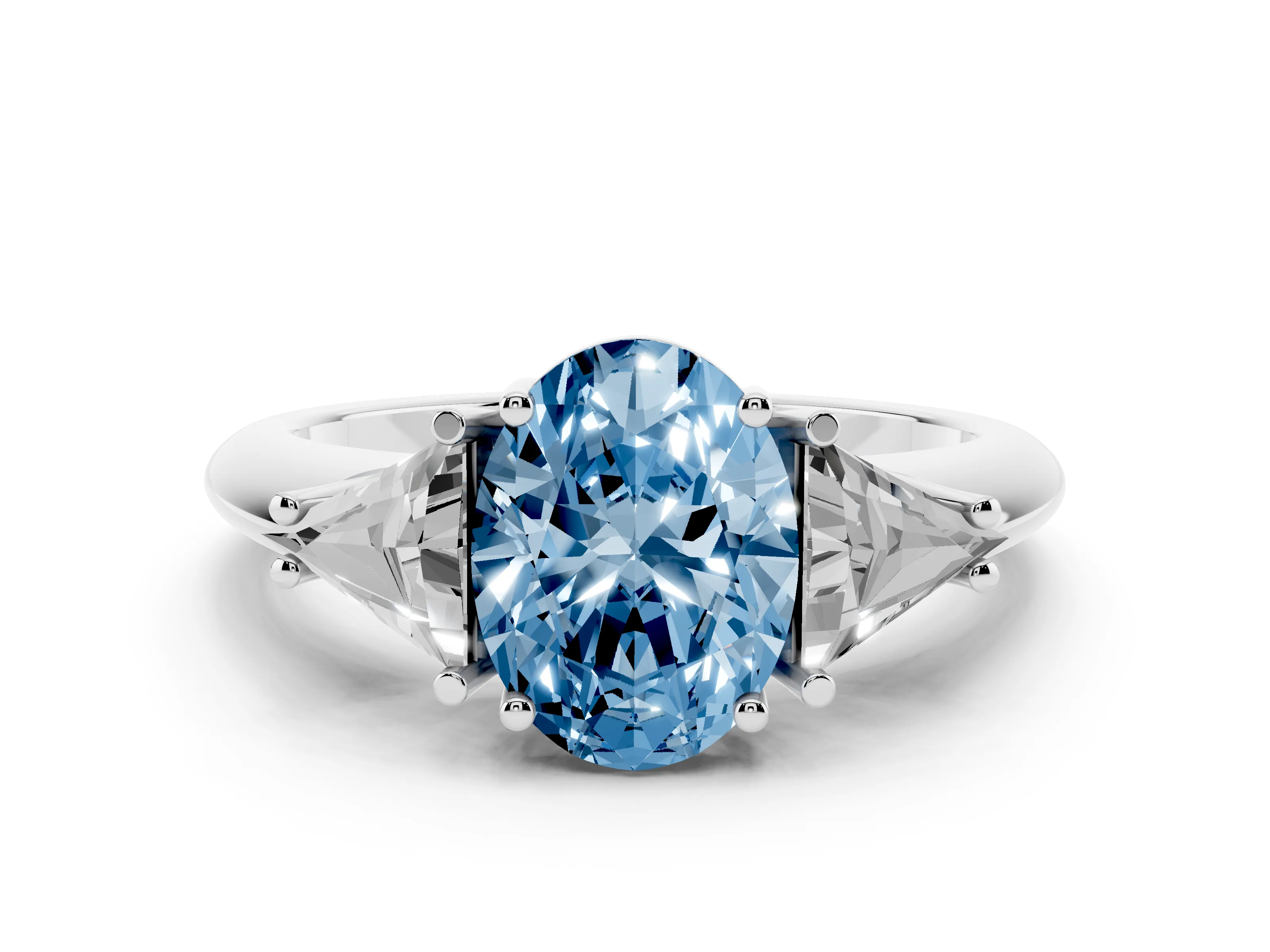 Fancy Blue Oval Cut Diamond Three-Stone Engagement Ring Set in Platinum with Trillion Side Stones