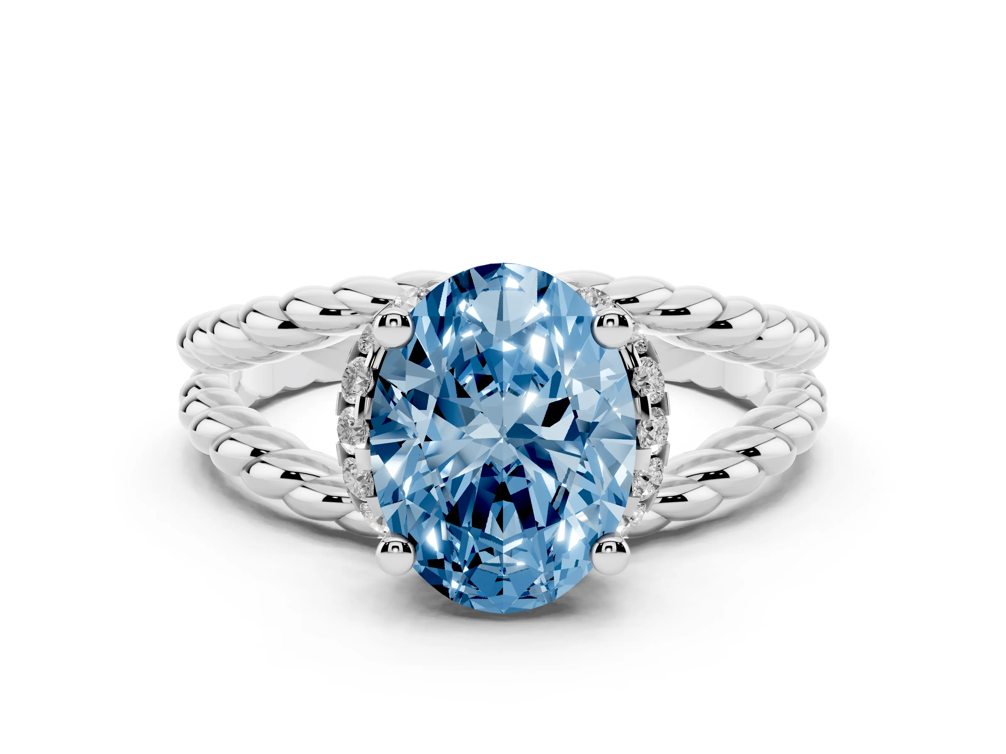 Fancy Blue Oval Cut Diamond Halo Ring Set in Platinum with Twisted Band and Prong Setting